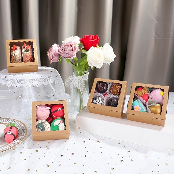 50 Pack Cookie Boxes with Window 4x4x2 Inch,Bakery Boxes, Chocolates Strawberries,Treat Boxes, Mini Cake Boxes, Pastry Dessert Boxes for Candy, Cupcakes- Brown Paper
