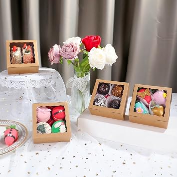 50 Pack Cookie Boxes with Window 4x4x2 Inch,Bakery Boxes, Chocolates Strawberries,Treat Boxes, Mini Cake Boxes, Pastry Dessert Boxes for Candy, Cupcakes- Brown Paper