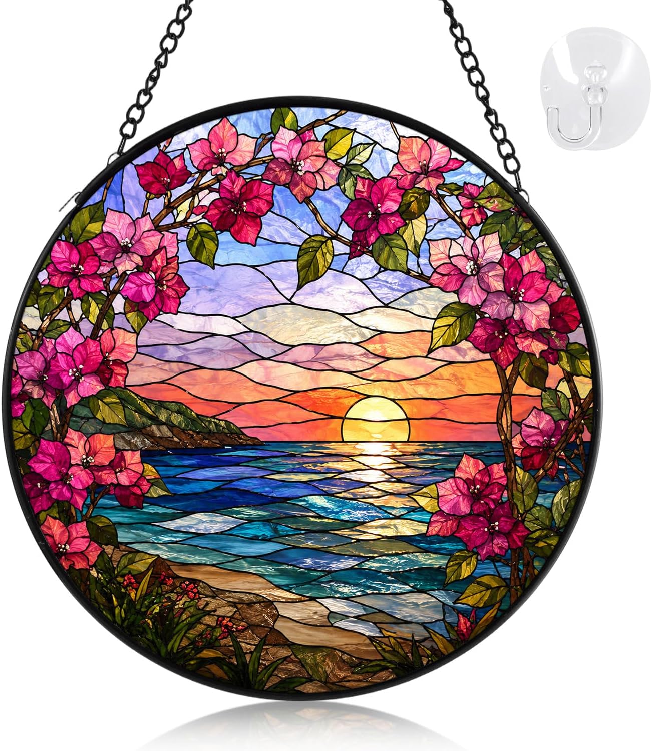 Stained Glass Window Hanging Suncatcher, 1 Pack Pink Floral Sunset Glass Sun Catcher for Windows, 8 inches Round Window Art Outdoor Hanging Garden Decor, Sunroom Decor Gifts for Women