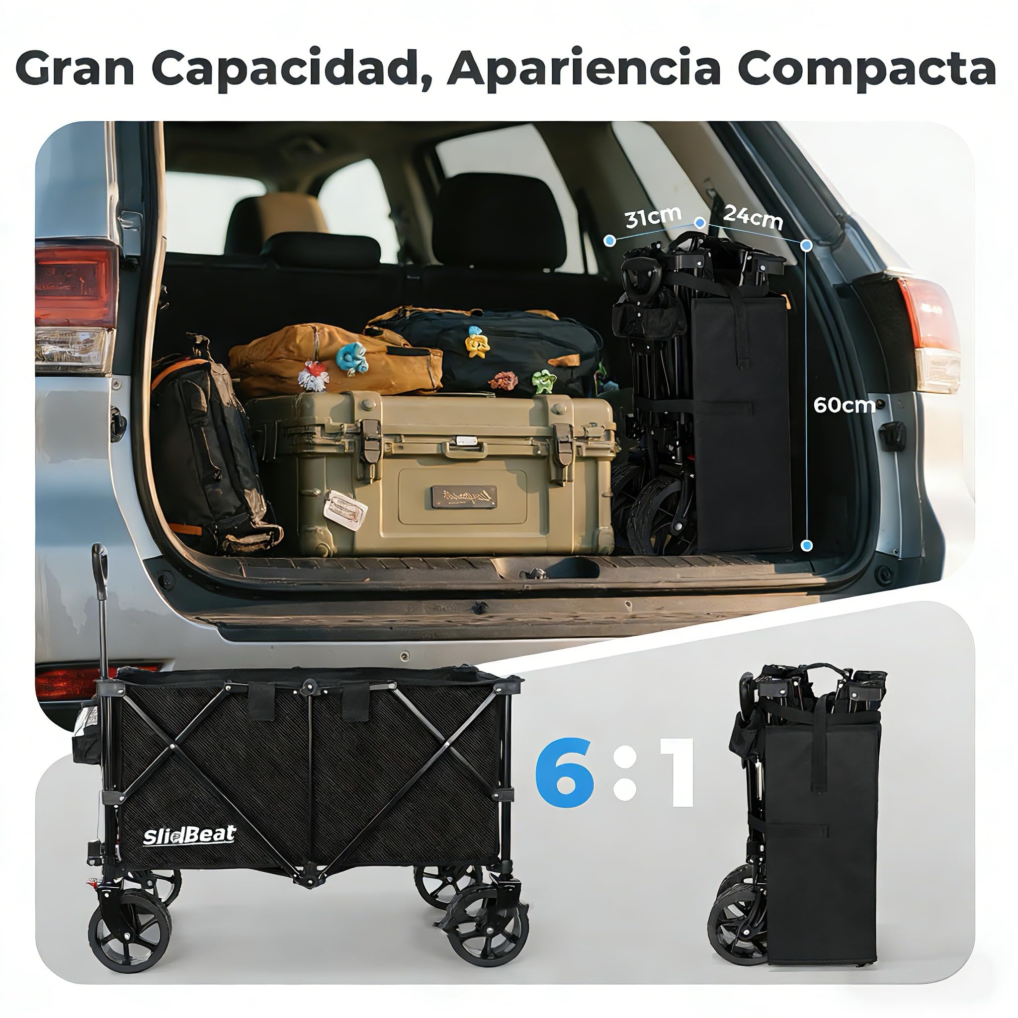 SLIDBEAT Carro de Playa XXL – 220L y 200KG de Capacidad, Carro Plegable con Ruedas Grandes Todo Terreno y Mango Auto-rebotante, Ideal para la Playa, Jardín o Camping, con Frenos de Seguridad