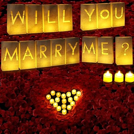 PUEDO SER TU NOVIO? Lighted Letters Sign 17pcs Luminary Paper Bags 2200pcs Red Pink Artificial Rose Petals 48pcs Flameless LED Candle Tealight 15pcs Heart Balloons Romantic Night Valentine's Day