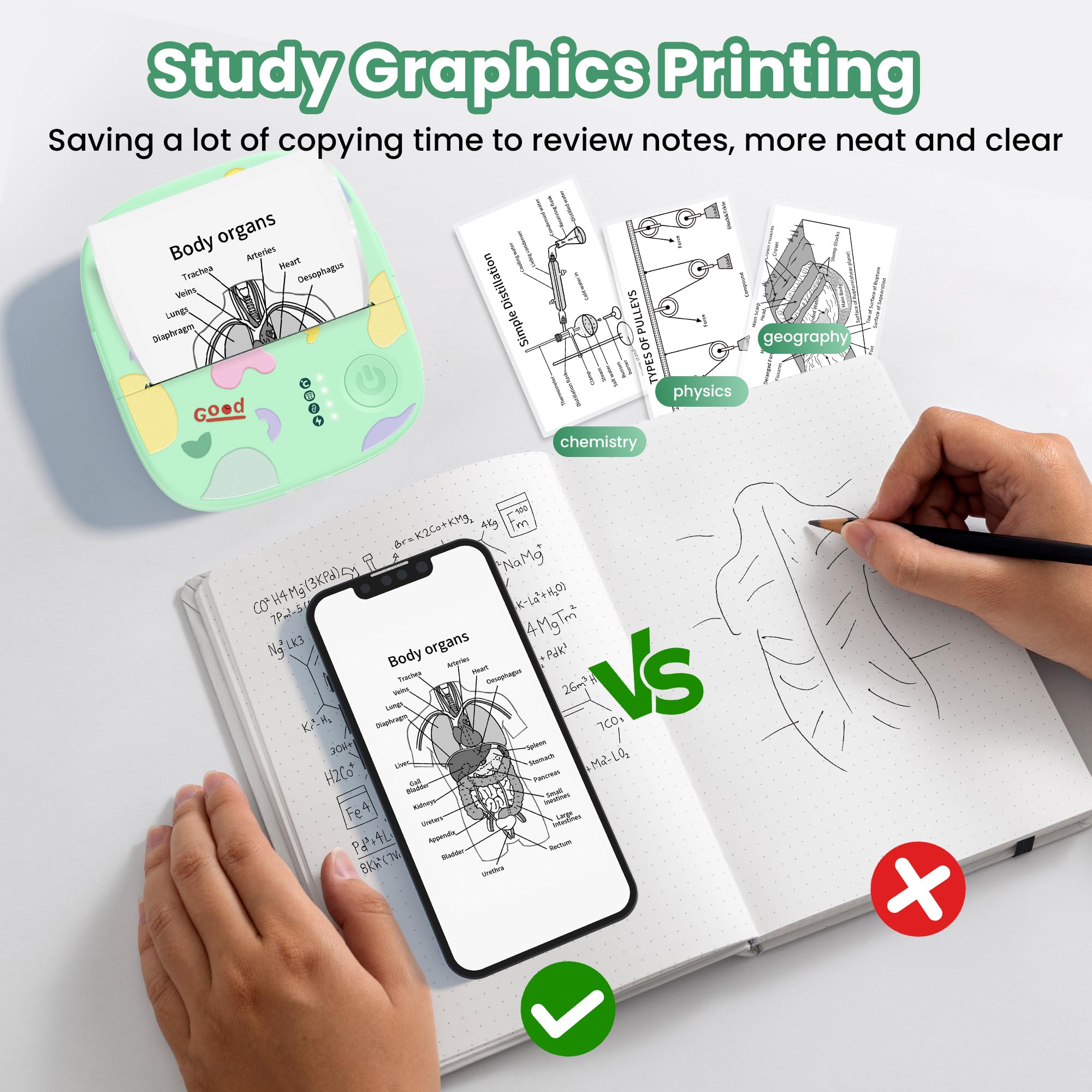 Imprimante Thermique Mini sans Encre Bluetooth Portable 3 Rouleaux Papier Vert pour Stickers Étiquettes DIY Enfants