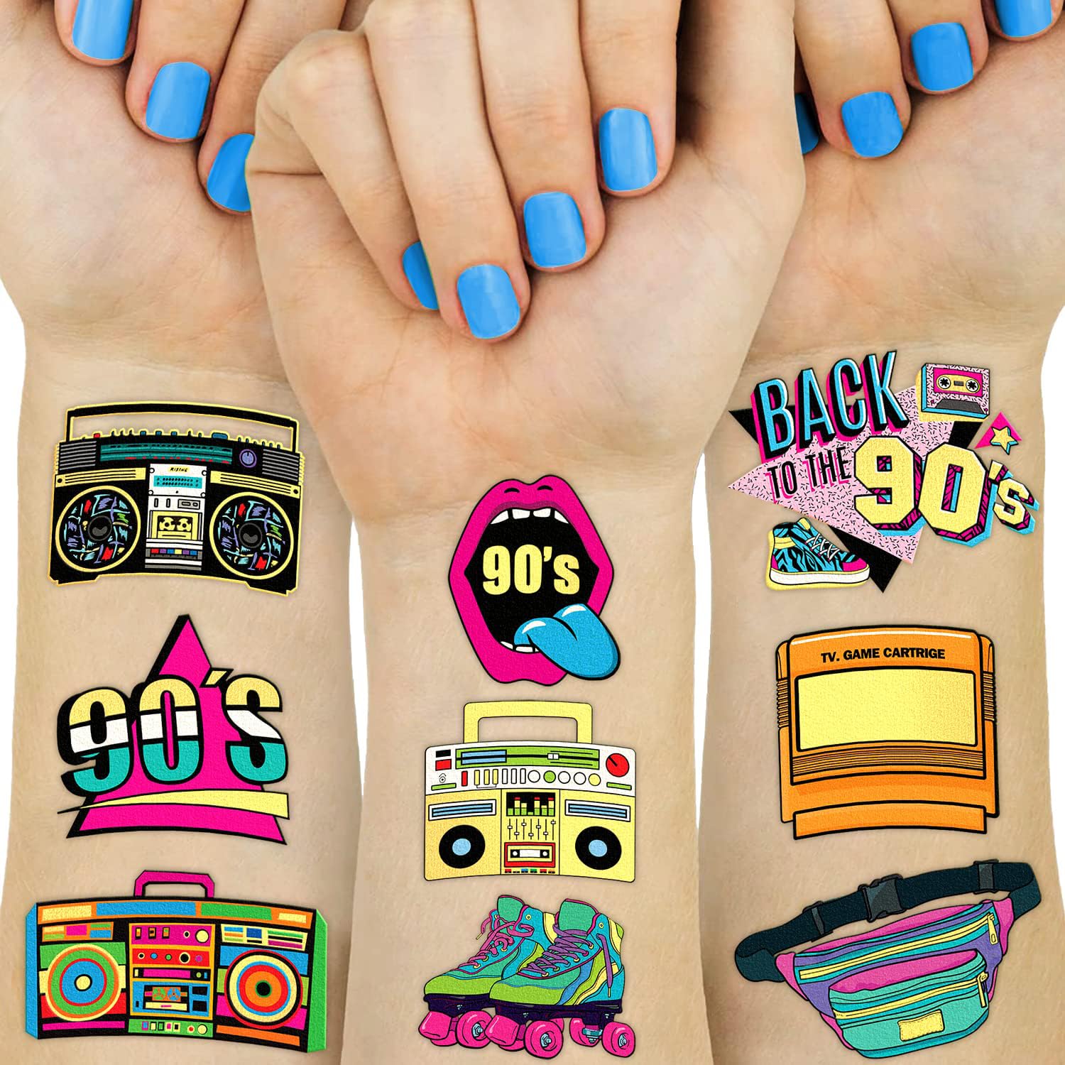 90s 80s Glitter Temporary Tattoos Themed 40PCS Birthday Party Decorations Favors Supplies Decor Retro Skate Tattoo Stickers Gifts for Kids Children Girl Boys Adults School Rewards Home Activity Prizes