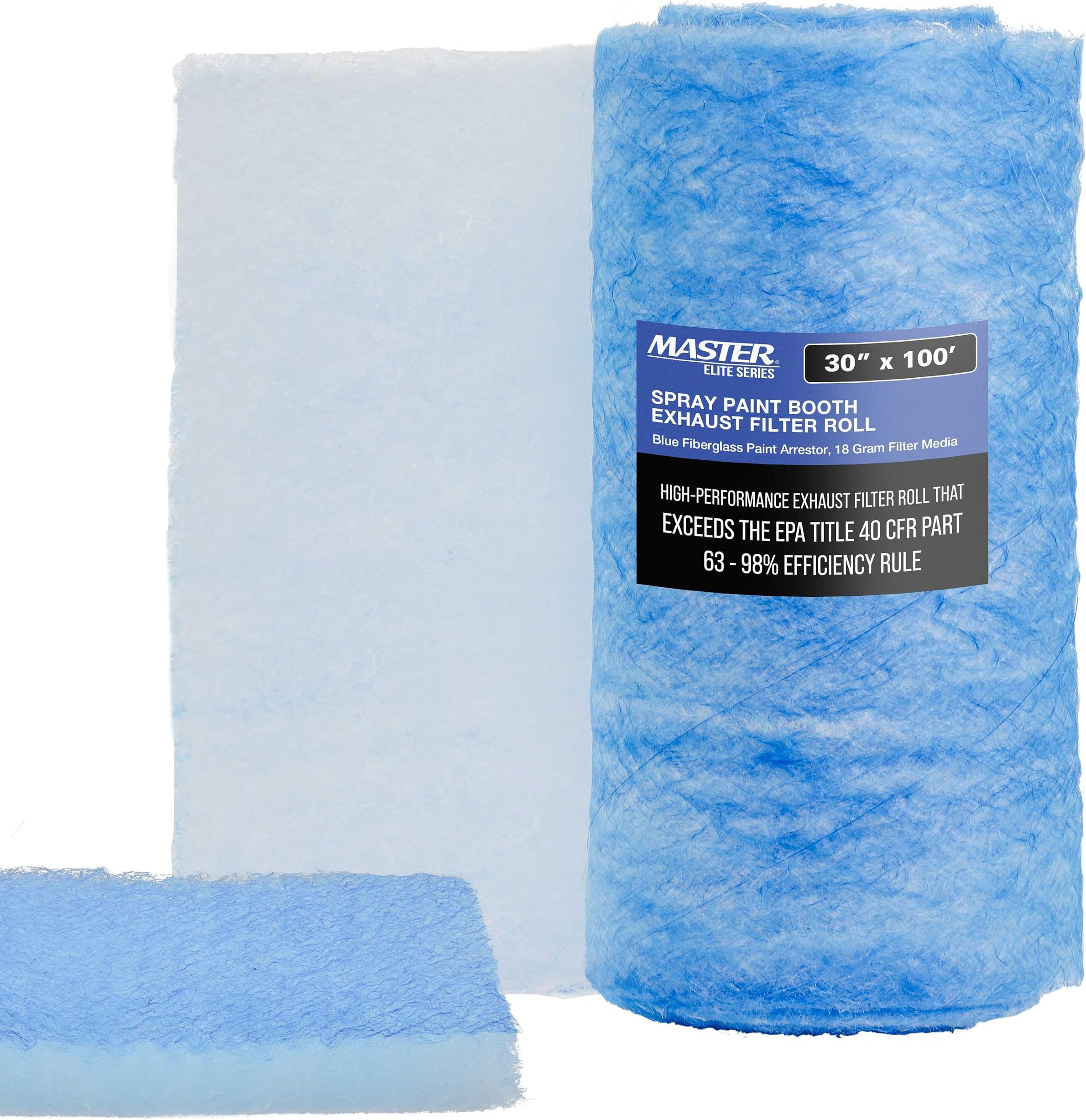 Master Elite Premium Paint Spray Booth Exhaust Filter Roll, 30" x 100' - 18 Gram Heavy-Duty Fiberglass Paint Arrestor - Captures Traps Overspray Paint Particles in Auto Car Autobody Refinish Booths