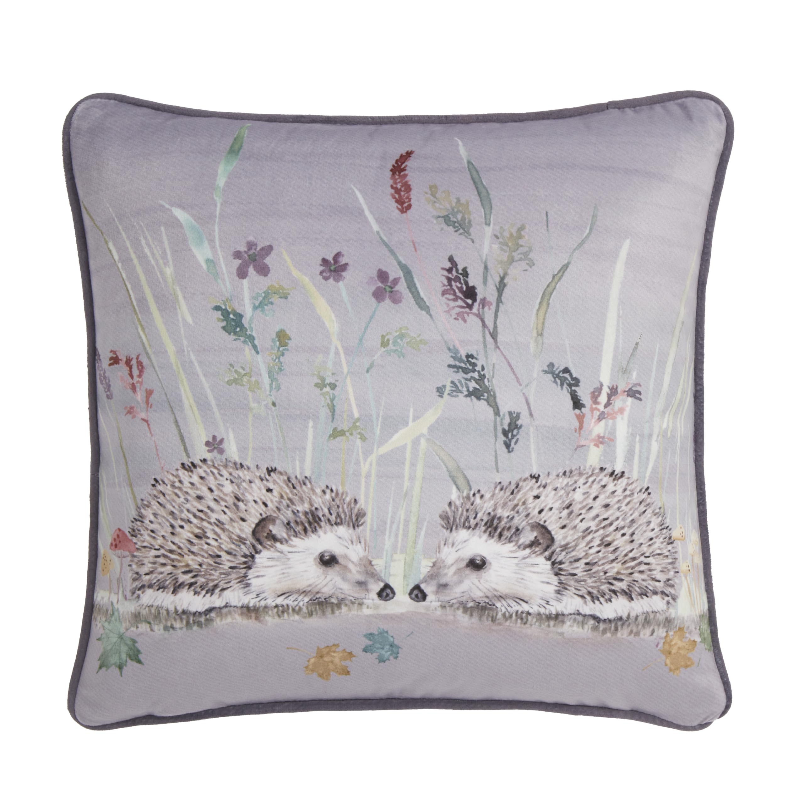 Dreams & Drapes Grey - Hedgehog Cushion (43 X 43Cm) - Filling Included - Piped Edge - Reversible Design - Flannelette/Check - Woodland Floral Cushion Cover
