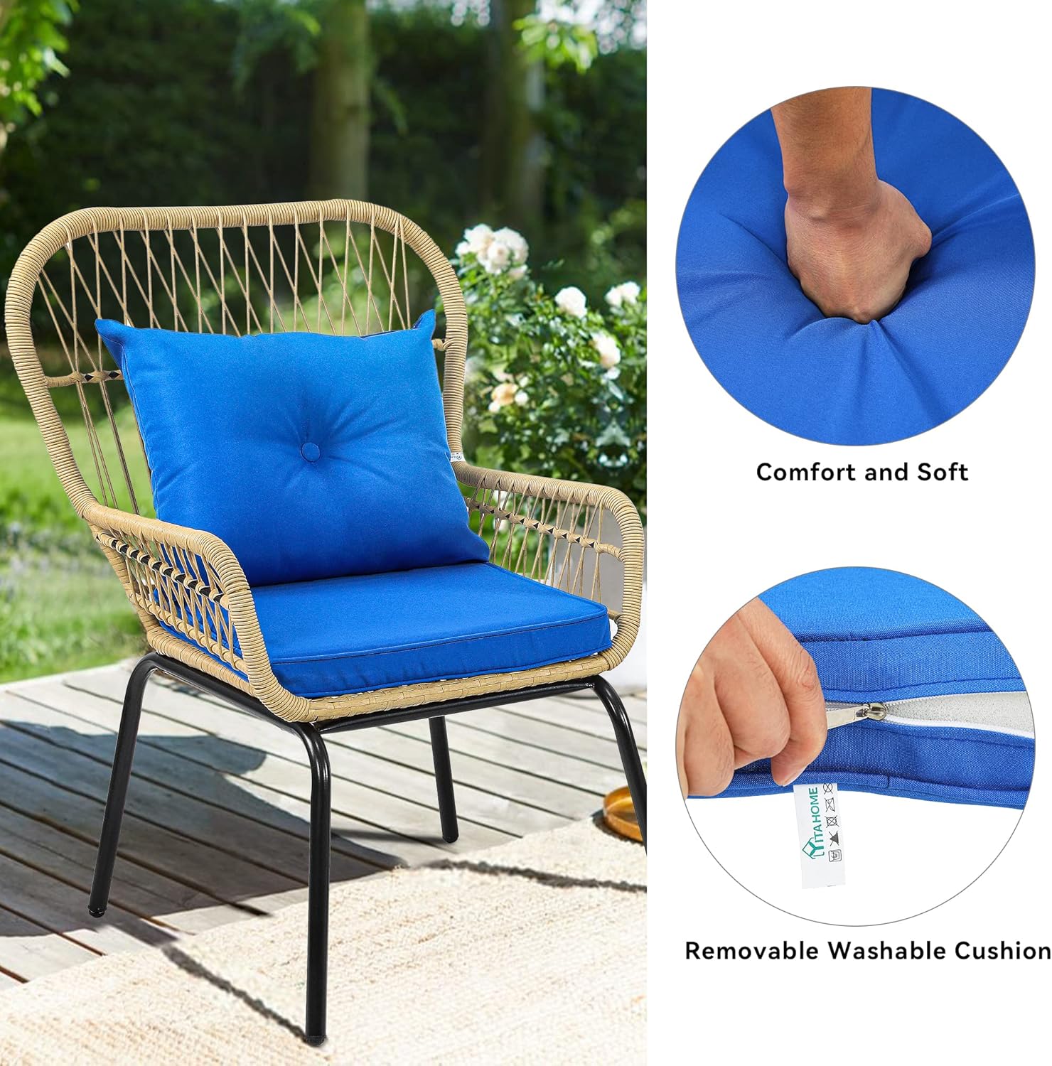 YITAHOME 3-Piece Wicker Bistro Set Outdoor Patio Furniture, All-Weather Rattan Conversation Chairs for Backyard, Balcony and Deck with Soft Cushions, Glass Side Table (Light Brown+Navy Blue)
