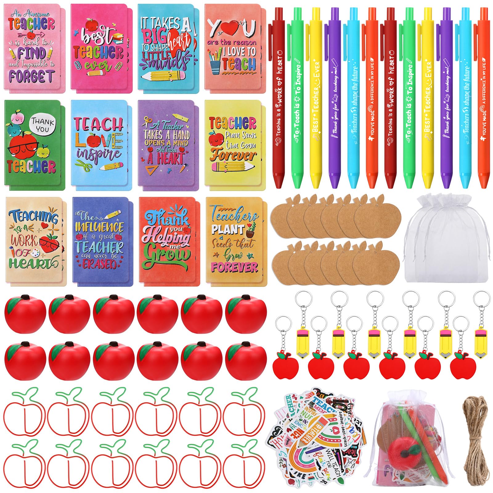 Pasimy 145 Pcs Teacher Appreciation Gifts Set Thank You Teacher Notebooks Pens Inspirational Stickers Apple Stress Ball Paper Clip Keychain Teacher's Day Gifts for School Classroom Office Supplies