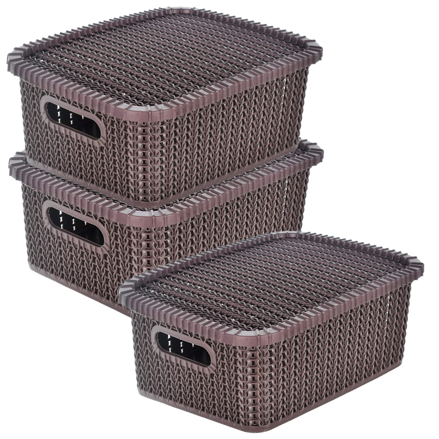 Kuber Industries Multiuses Large M 20 Plastic Basket/Organizer With Lid- Pack of 3 (Brown) -46KM065