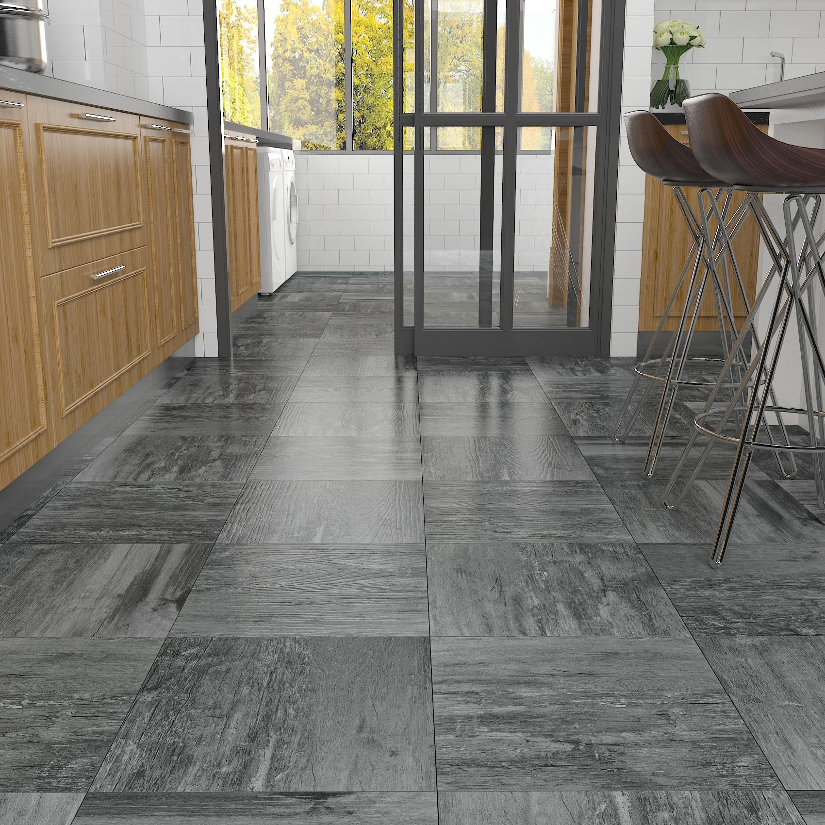 Livelynine Suelo Vinilo Autoadhesivo Gris Oscuro Suelo Vinilico Autoadhesivo Cocina Baldosas Adhesivas Suelo Efecto Madera Vieja Gris 30x30CM 32-Baldosas Vinilo Suelo Baño Vinilo para Suelo Habitación