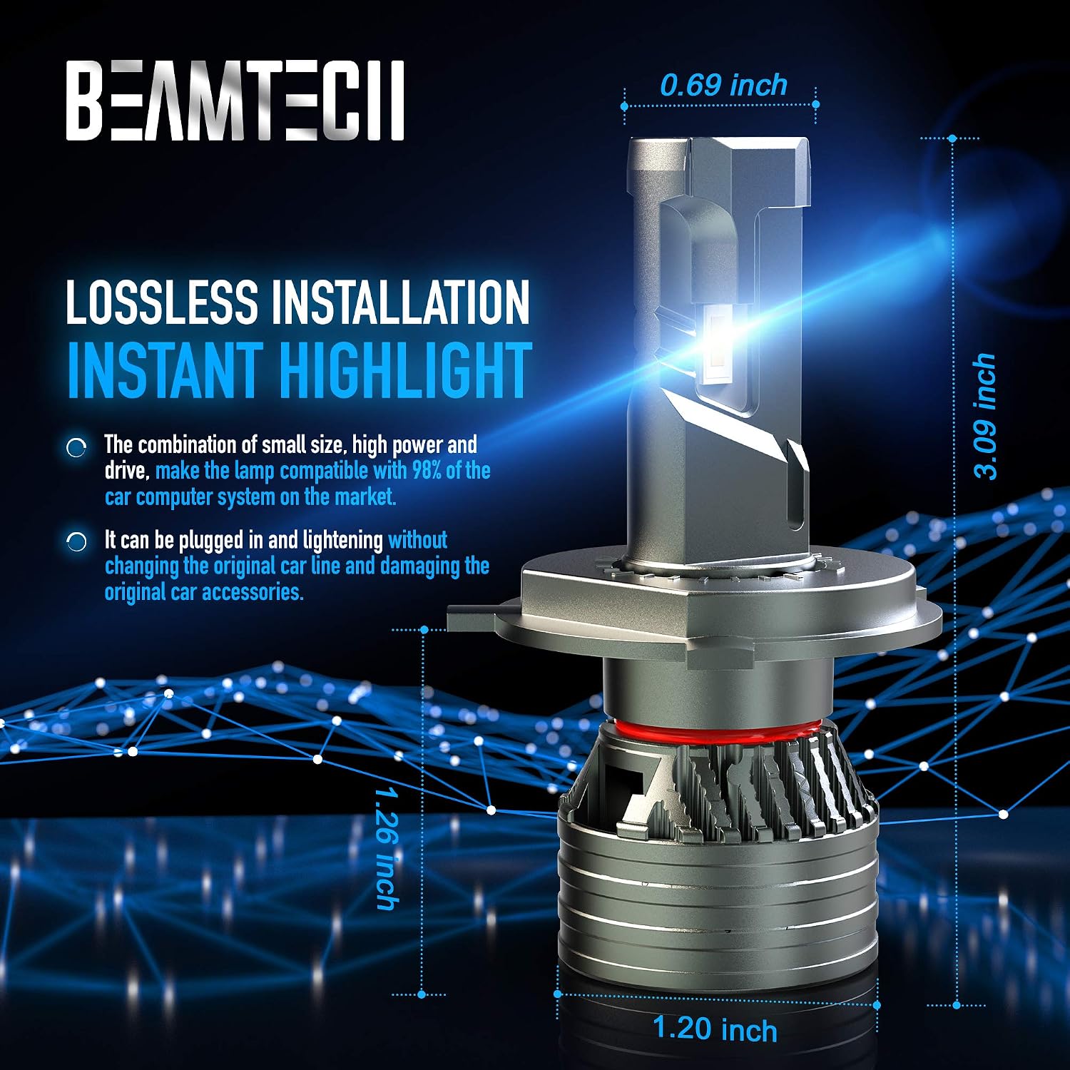 BEAMTECH H4 LED Headlight Bulb, 18000LM 9003 G-XP Chips 6500K 360 Degree Beam 90W Xenon White Conversion Kits with Fan High Brightness Halogen Replacement