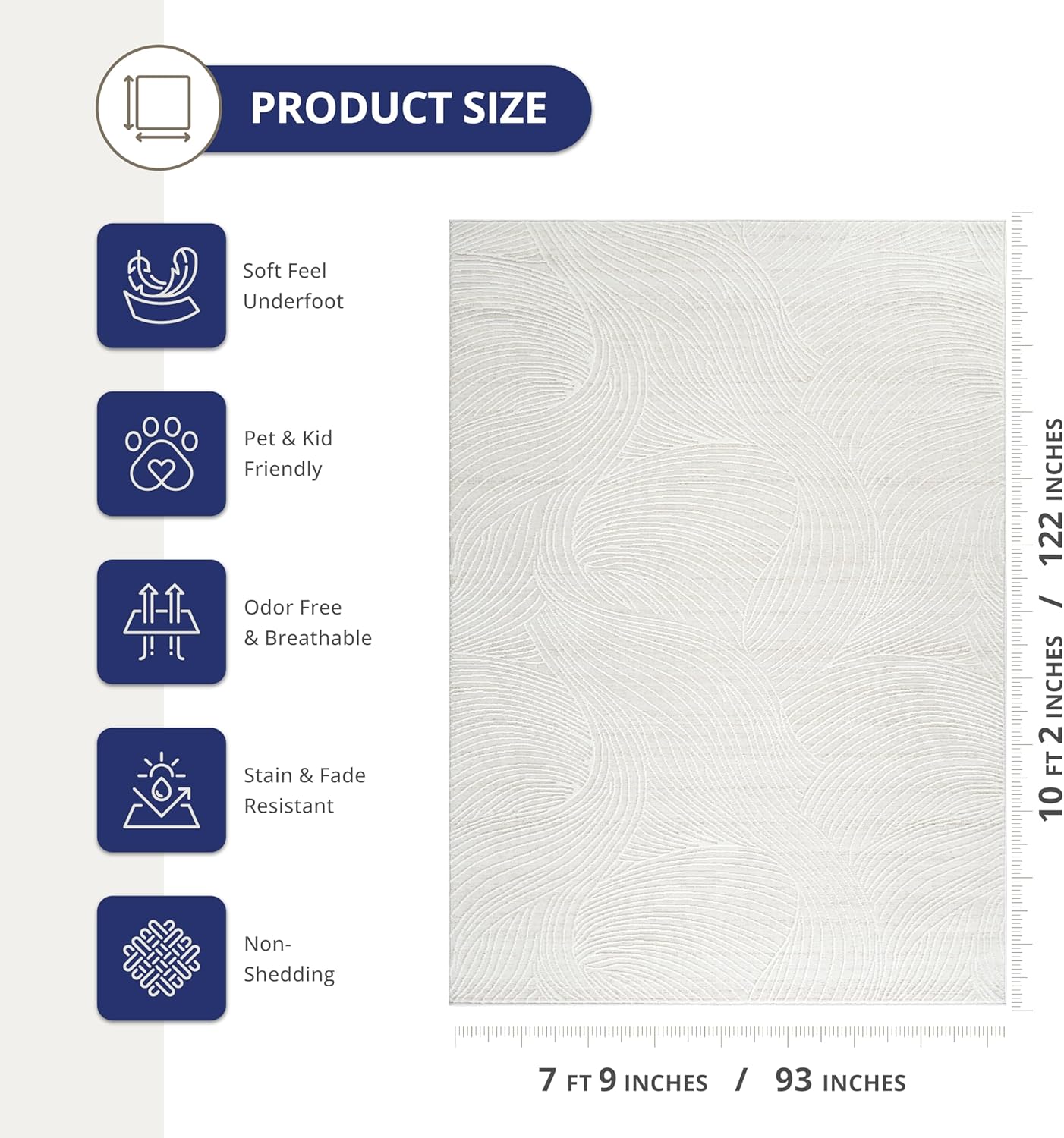 Abani Cream Area Rug – 8' x 10' – Vera Collection – Wave Texture Pattern – Non-Shedding, Easy to Clean – Durable for Living Room, Bedroom, or Office, Pet & Child Friendly