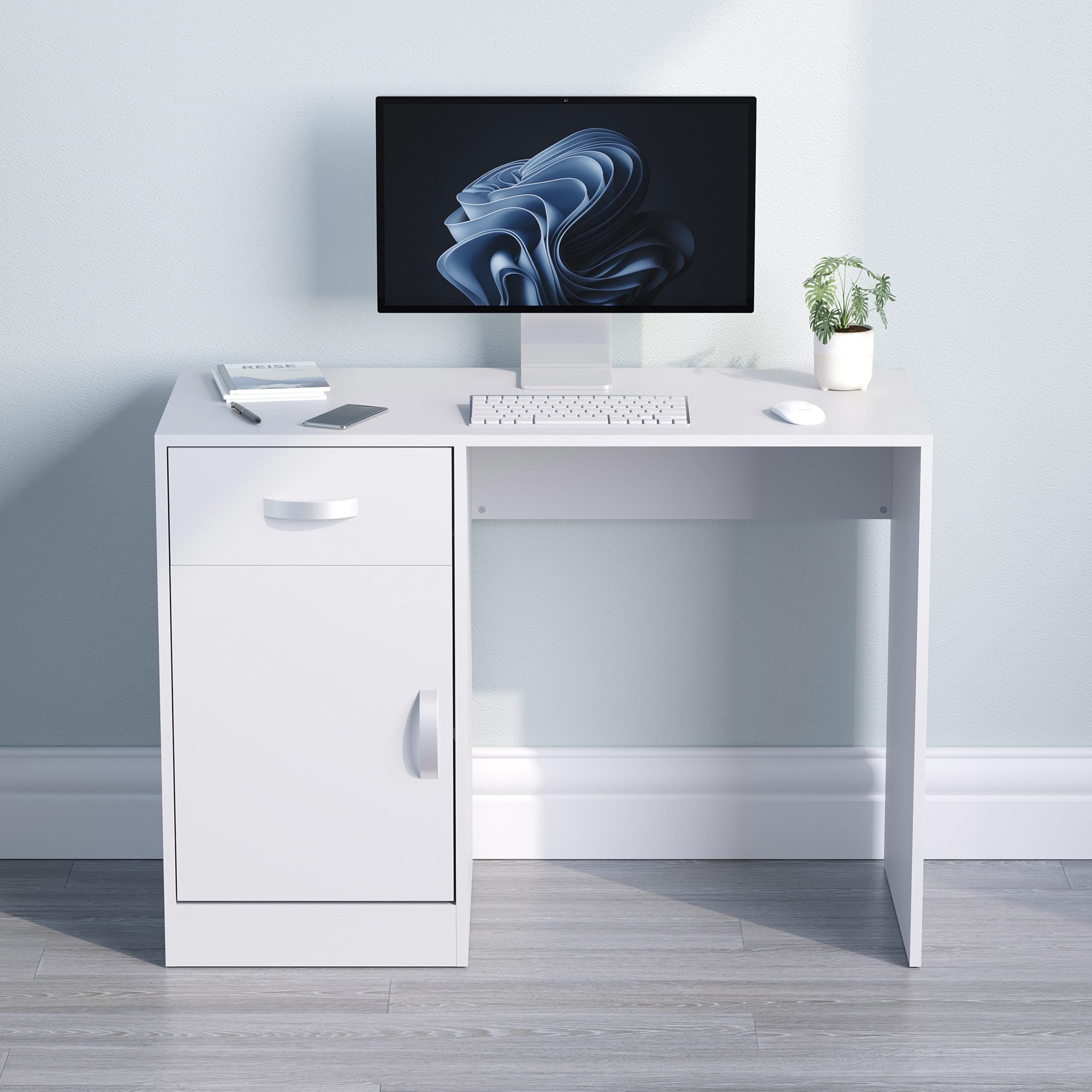 Vida Designs Hudson - Escritorio para computadora con cajón y Puerta, Mesa para PC o Laptop, Estudio de Juegos, estación de Trabajo de Almacenamiento, Muebles de Armario, Color Blanco
