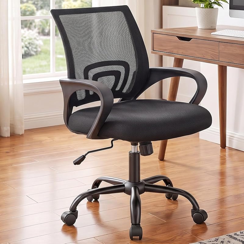 Ergonomic Office Chair, Executive Desk Chair with Lumbar Support | Mid Back, Breathable Backrest, Fixed Armrest, Height Adjustable, 360° Swivel, Computer Gaming, Meeting, Black