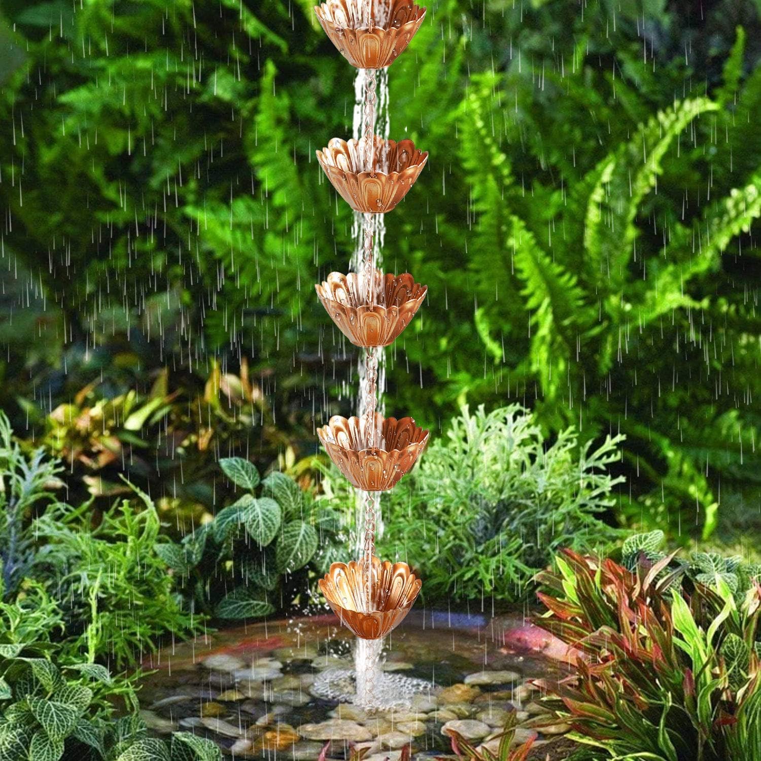 Vindar Rain Chain, 8.5 FT Rain Chain for Gutters - MG4773(Copper Colored) Rain Catcher for Downspout with Adapter, 10 Thick Iron Flower Cups Garden Decorative