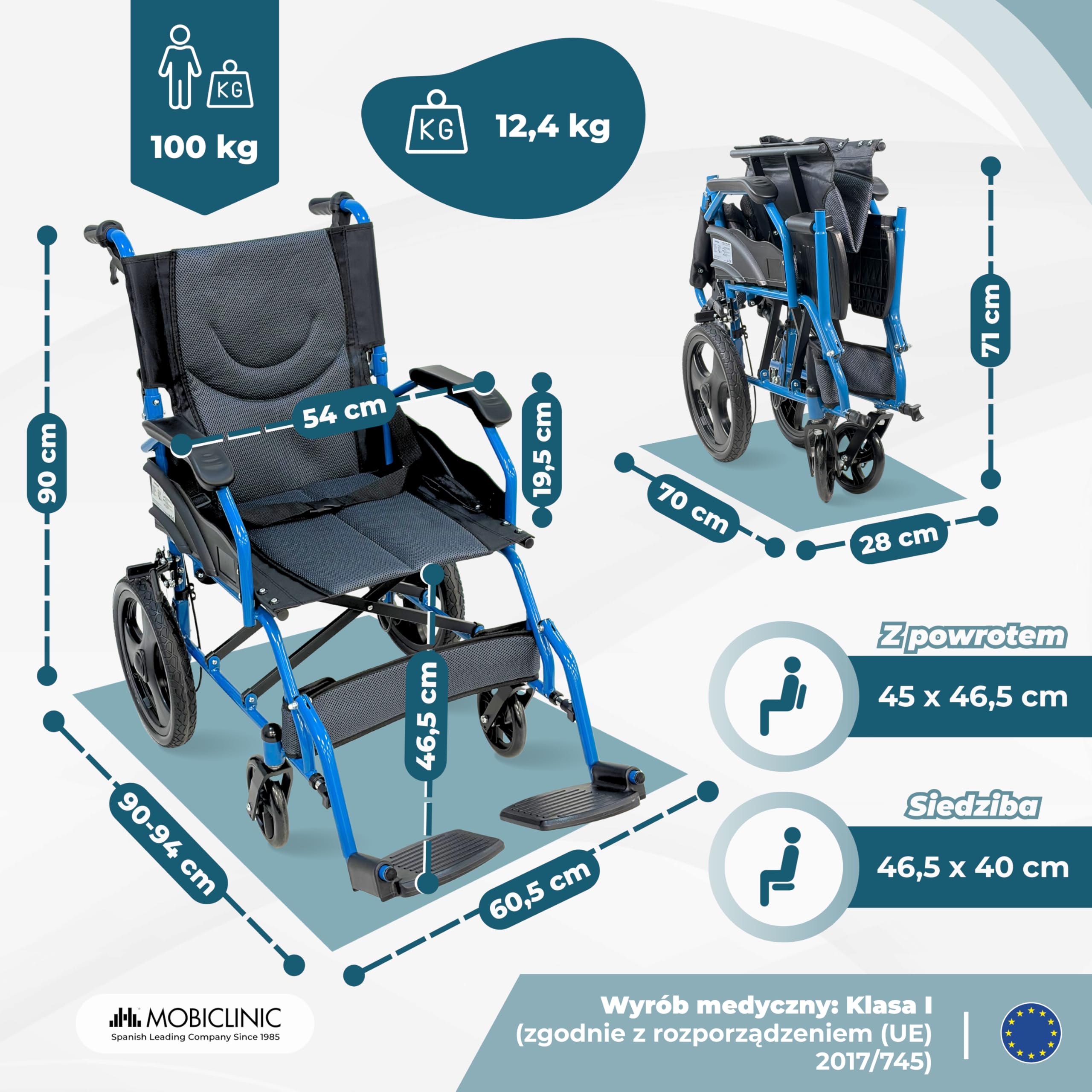 Mobiclinic®, Składany Wózek Inwalidzki, Wózek Inwalidzki Transit, Składane Oparcie, Składane Podnóżki, Podwójny System Hamowania, Wzmocniona Stal, do 100 kg, Lekki i Kompaktowy, Faraón