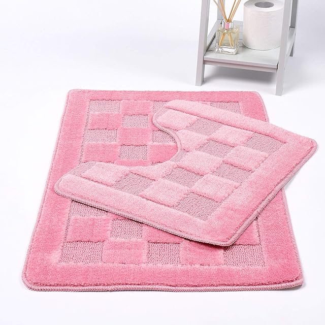 Night Zone Squares 2 Piece Bath Mat & Pedestal Set Non Slip Extra Absorbent Bathroom Toilet Rug Bath Mats Set (Pink)