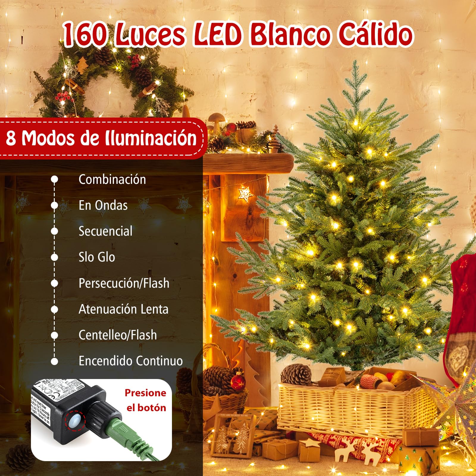 COSTWAY Árbol de Navidad Verde 135/180 cm, Arbol de Navidad con Luces Incorporadas, 160/240 Luces LED Blanco Cálido, 8 Modos, 442/778 Ramas de PE y PVC, Arvore de Natal Hogar Oficina Fiesta (135 cm)