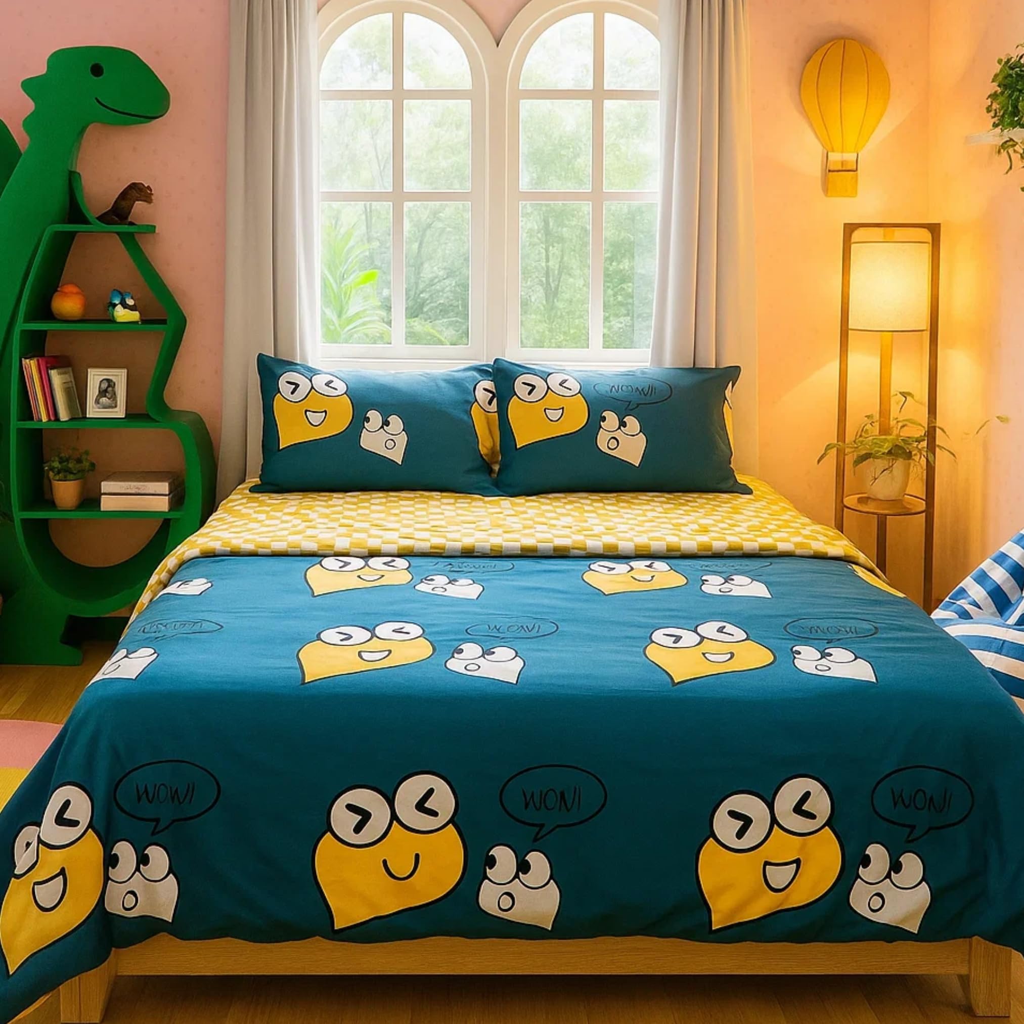 Famyo® King Size Bedsheet Set with 2 Pillow Covers, 250 TC Fitted Bedsheet & Comforter Cover (4pc Set) – Home Decor, 72x78 inches Kids/Children Bedsheet, Cute Smiles Design 2