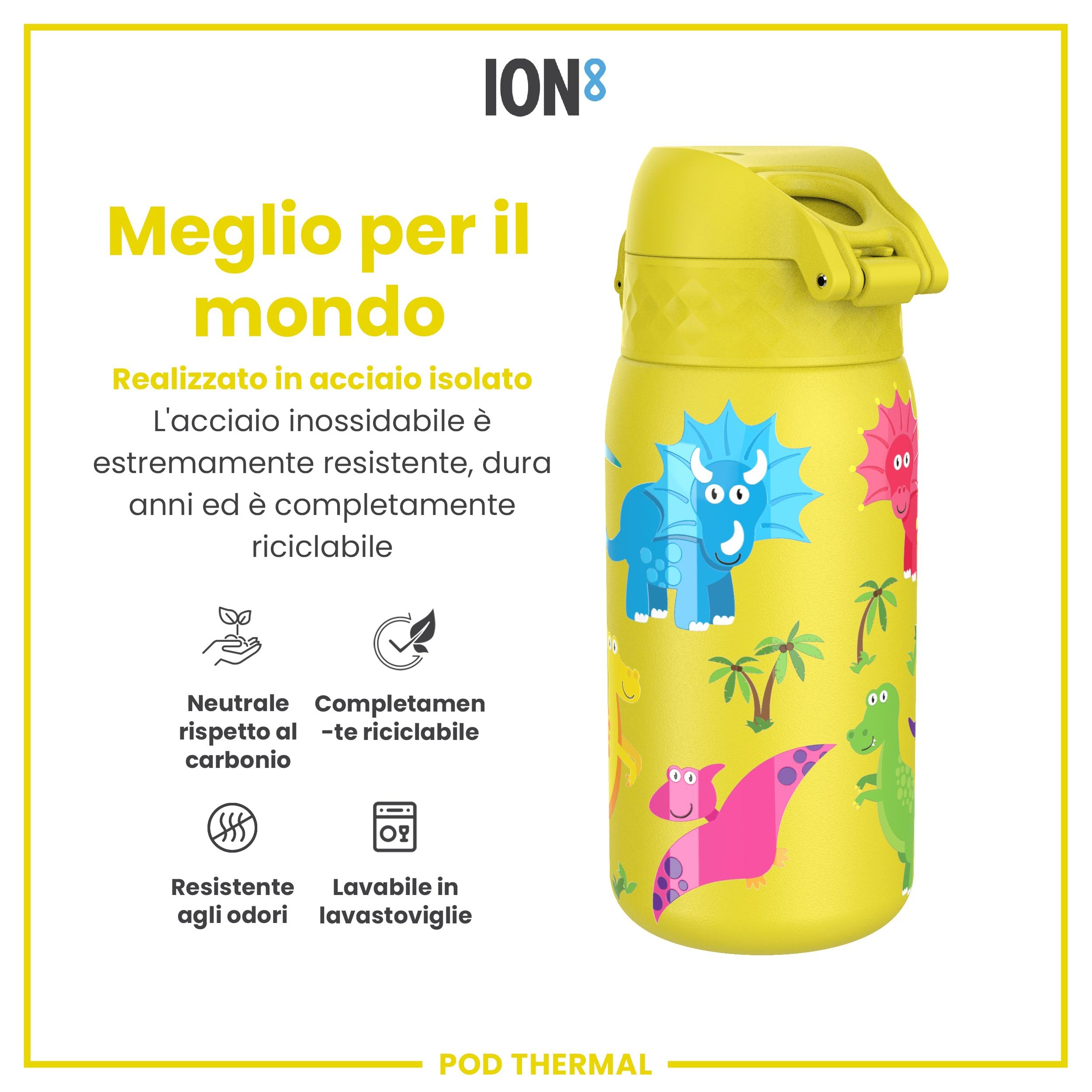 Ion8 Borraccia Termica in Acciaio Isolato, 320ml, a Prova di Perdite, Facile da Aprire, Serratura Sicura, Lavabile in Lavastoviglie, Maniglia per il Trasporto, Facile Pulizia, Dinosauri