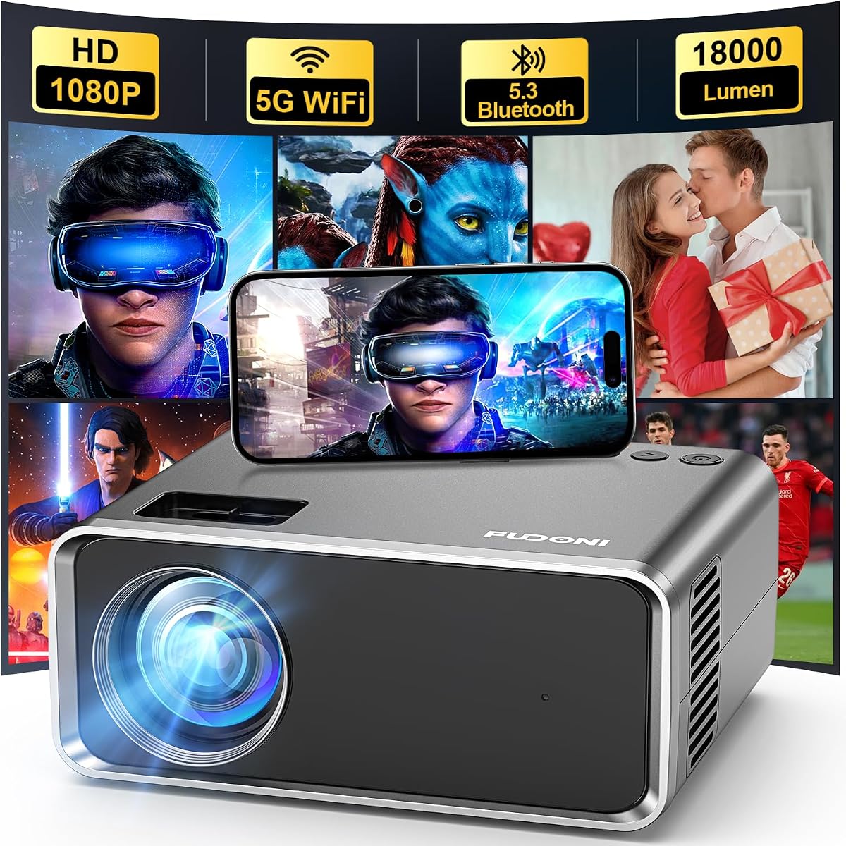 WiFi Bluetooth Projector, 4K Supported, Native 1080P FHD Projector | 2026 Upgraded 18000L, Outdoor Indoor Home Theater Video Projector, Compatible with HDMI, USB, iOS, Android, Windows, TV Stick
