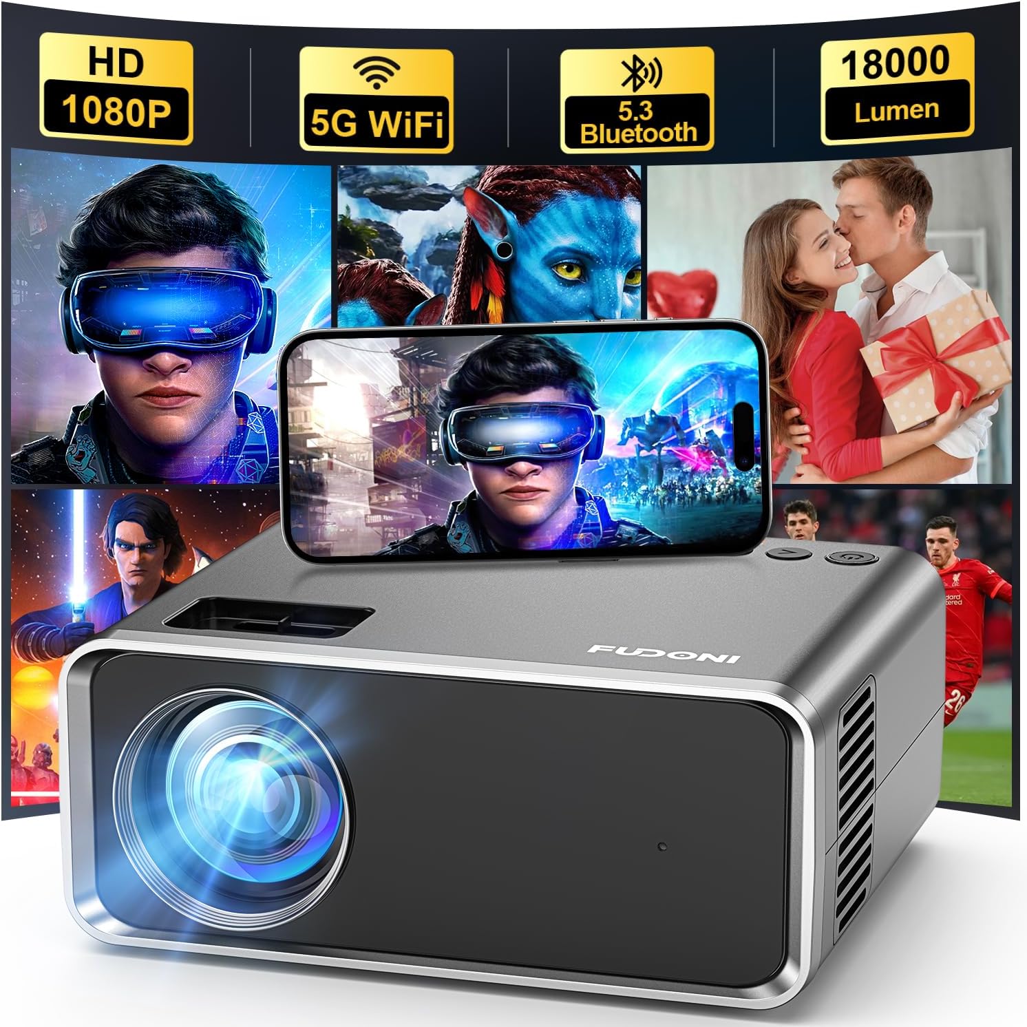 FUDONI Projector with WiFi and Bluetooth 4K Supported, Upgraded 18000L Outdoor Movie Projectors Native 1080P FHD, Video Projector for Home Theater, Compatible w/HDMI/USB/iOS/Android/Windows/TV Stick