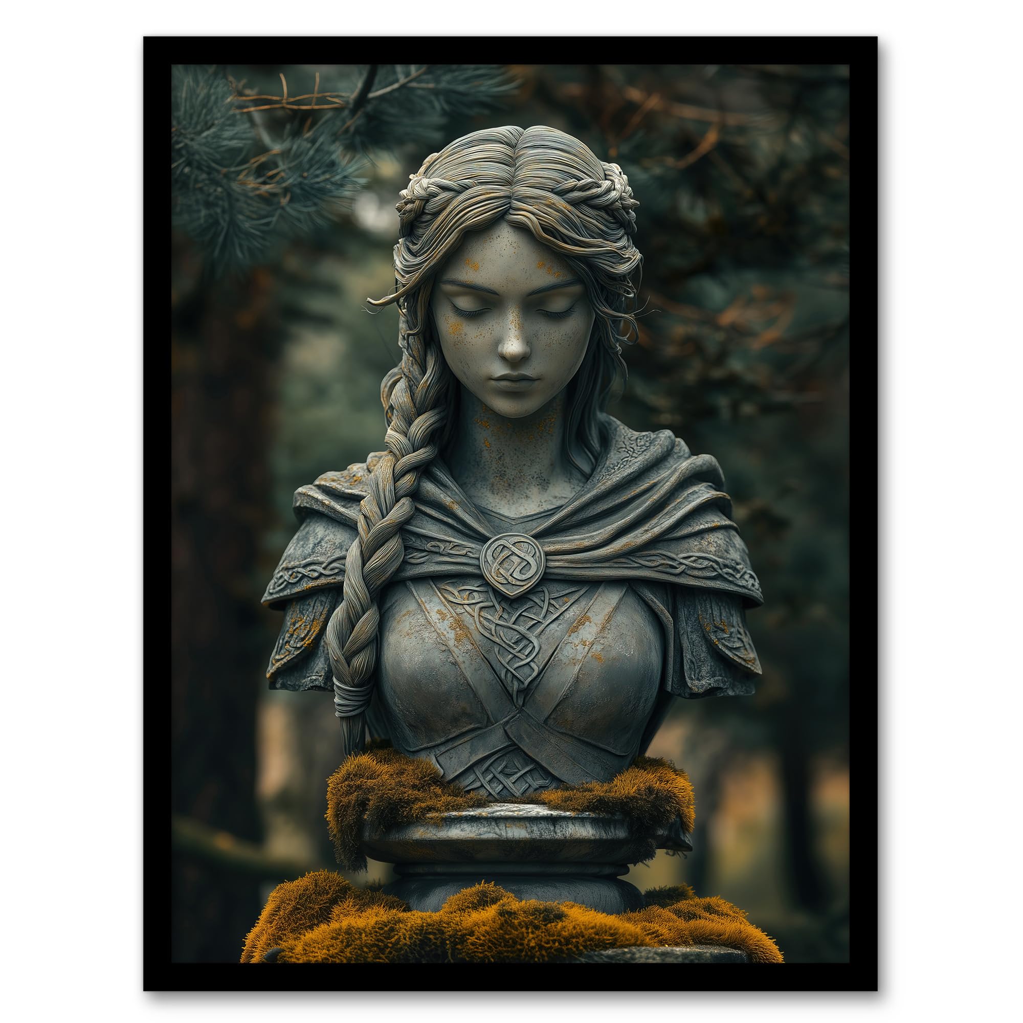 Artery8 Norse Shield Maiden Warrior Bust Statue in Forest Living Room Artwork Framed Wall Art Print 18X24 Inch
