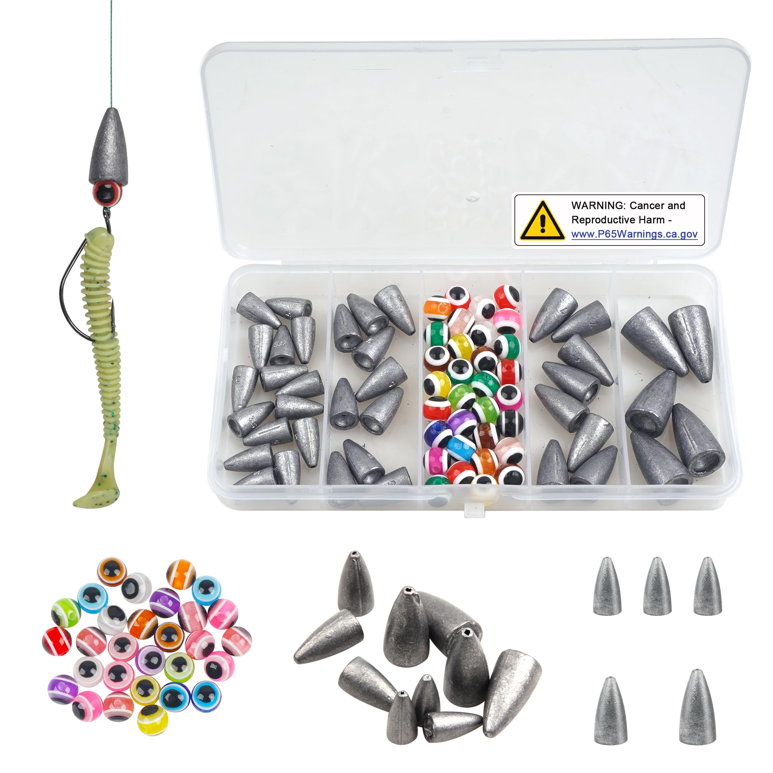 Bullet Fishing Sinker Weights Kit 65pcs Worm Weights with Eye Beads Slip Sliding Sinkers for Bass Fishing Texas Rig Saltwater Freshwater