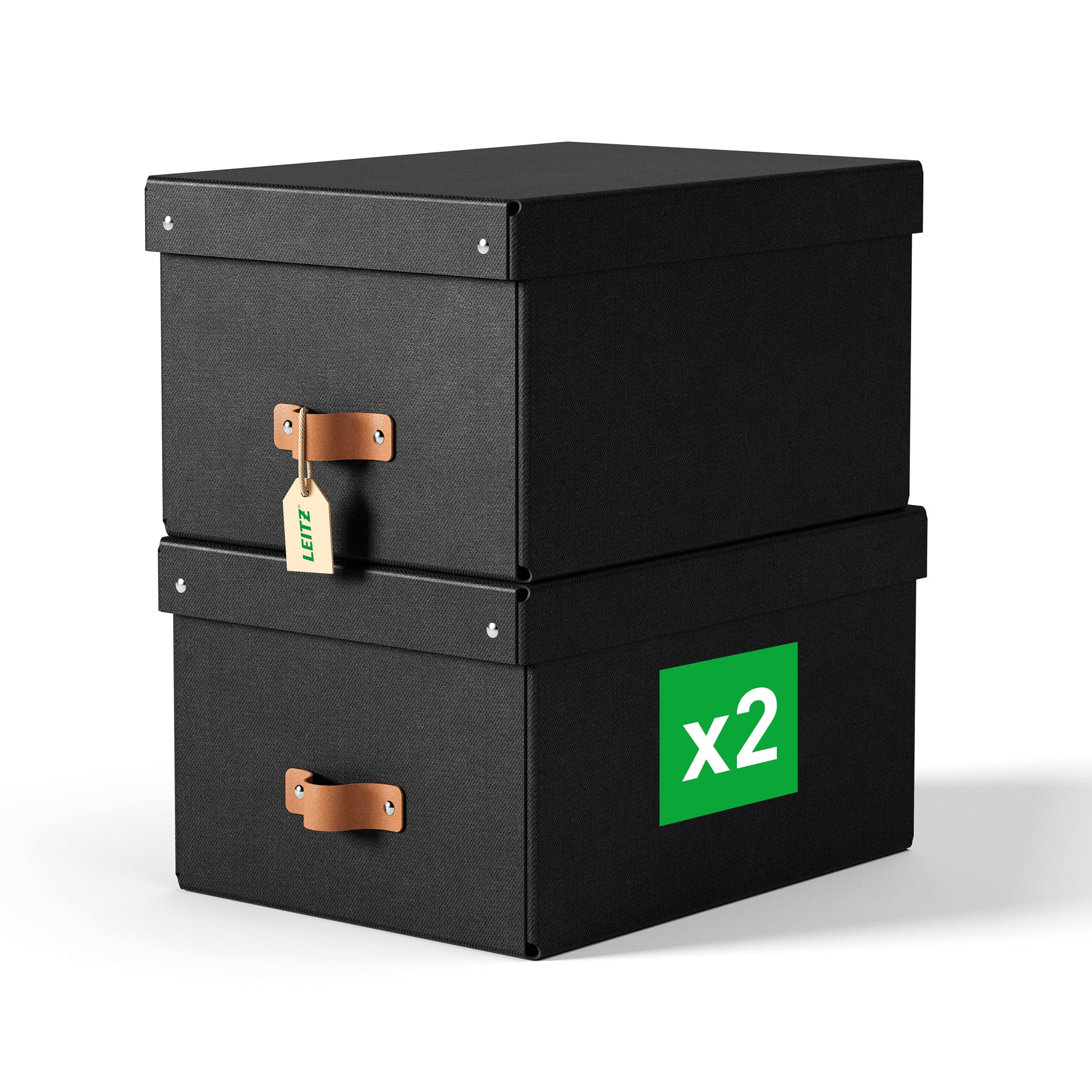 Leitz Puro Medium Storage Box with Lid – Set of 2 Durable Storage Boxes, Compatible with Cube Units & Shelves, 17L Stackable Organiser, Suitable for Home & Office (27 x 37 x 20cm, Obsidian Black)