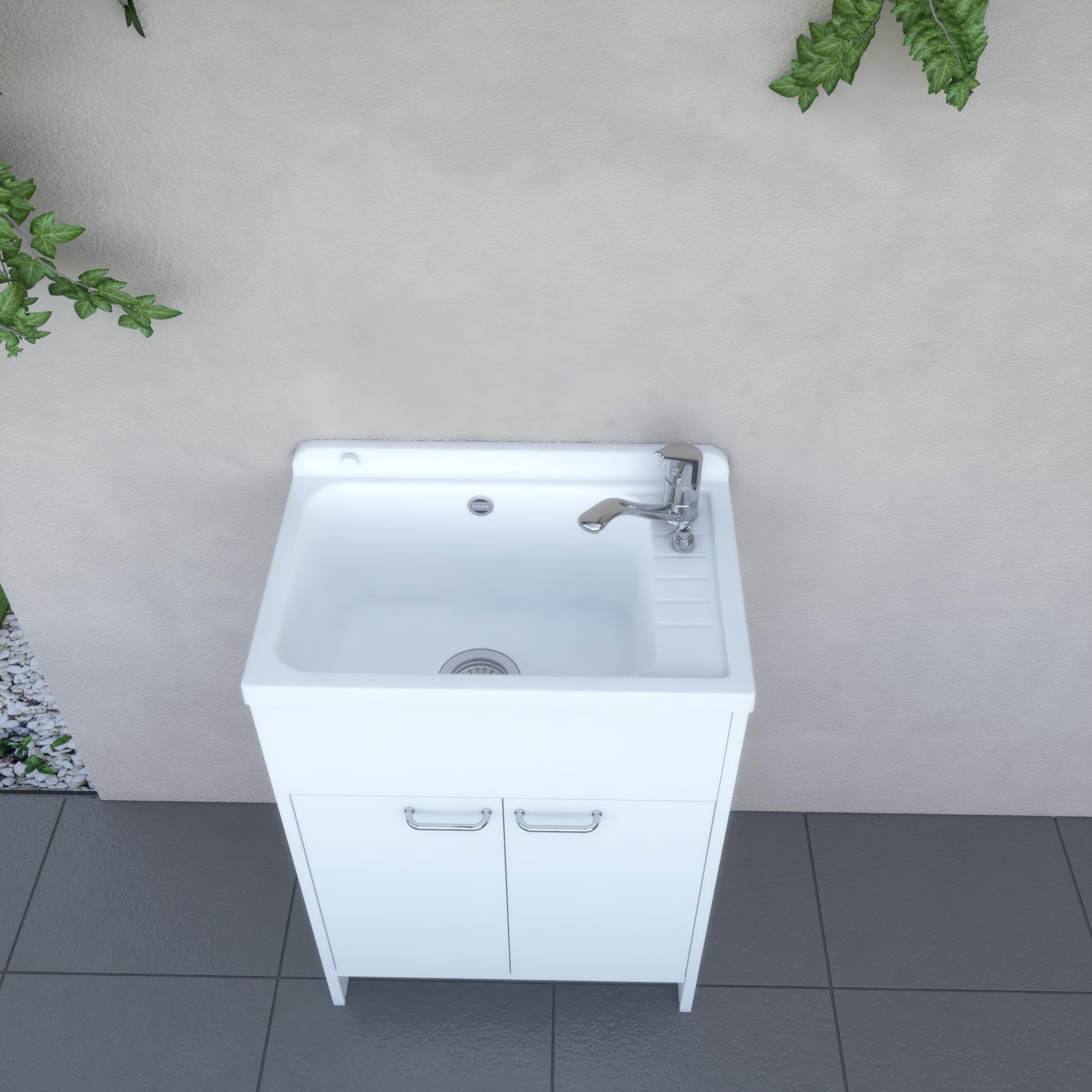 Negrari Lavatoio Salvaspazio in Resina PVC, Resistente all'umidità, Vasca resistente agli acidi di uso comune, Kit di scarico con pilettone in metallo, L58 x P38 x H85 cm, Bianco
