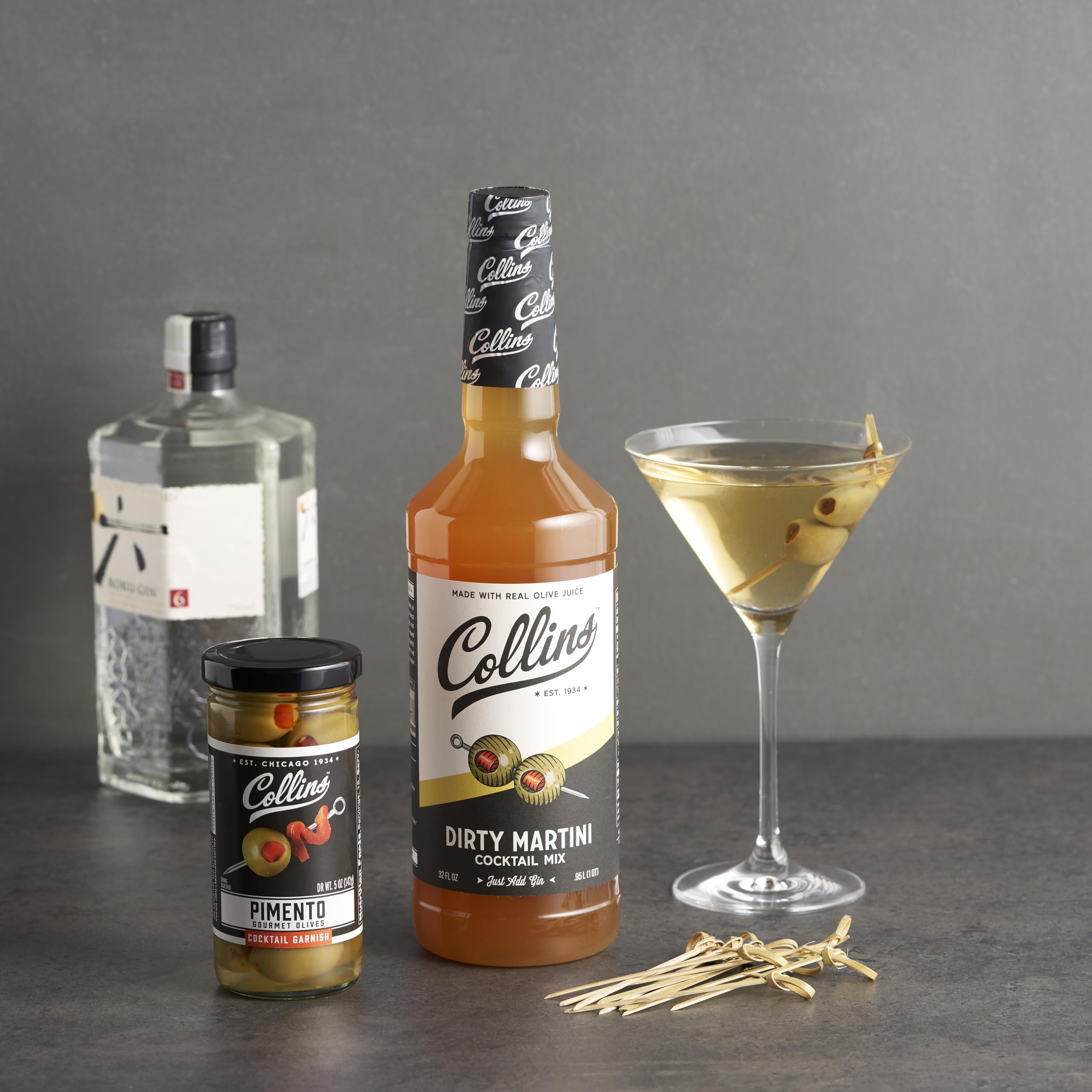 Collins Dirty Martini Kit, Gin Cocktail Mix, Stuffed Gourmet Olives, Drink Picks, Olive Brine Mixer, Home Bar Accessories, Home Bar Kit, Bartender Mixer, Drinking Gifts, Mixology Kit, Set of 3