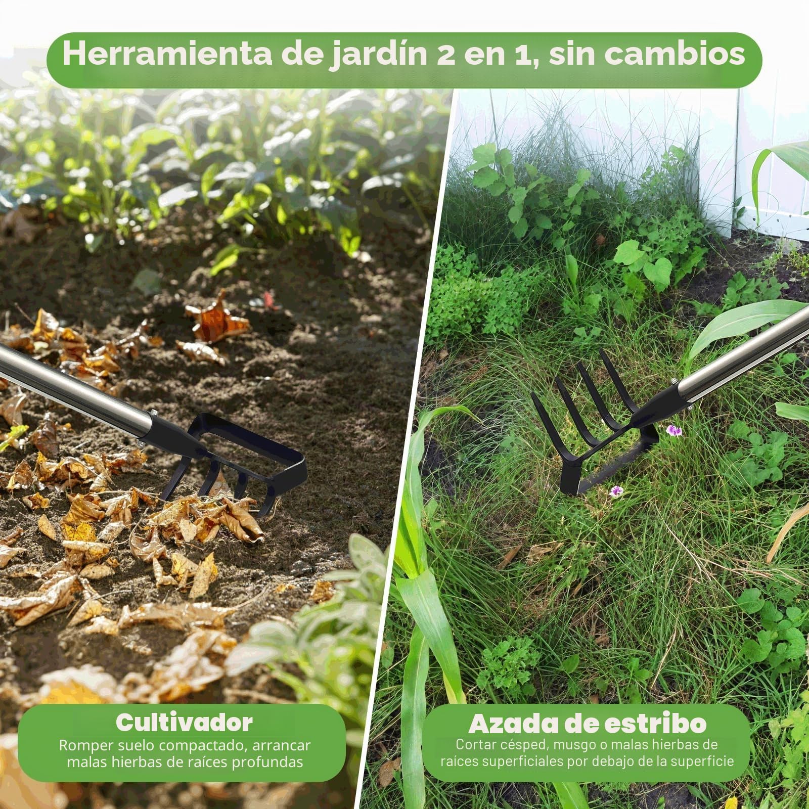 Azadas de jardín para deshierbe, herramienta de azada con soporte para jardín con anillo ajustable, mango largo de 157 cm, plateado, ajustable, para deshierbe