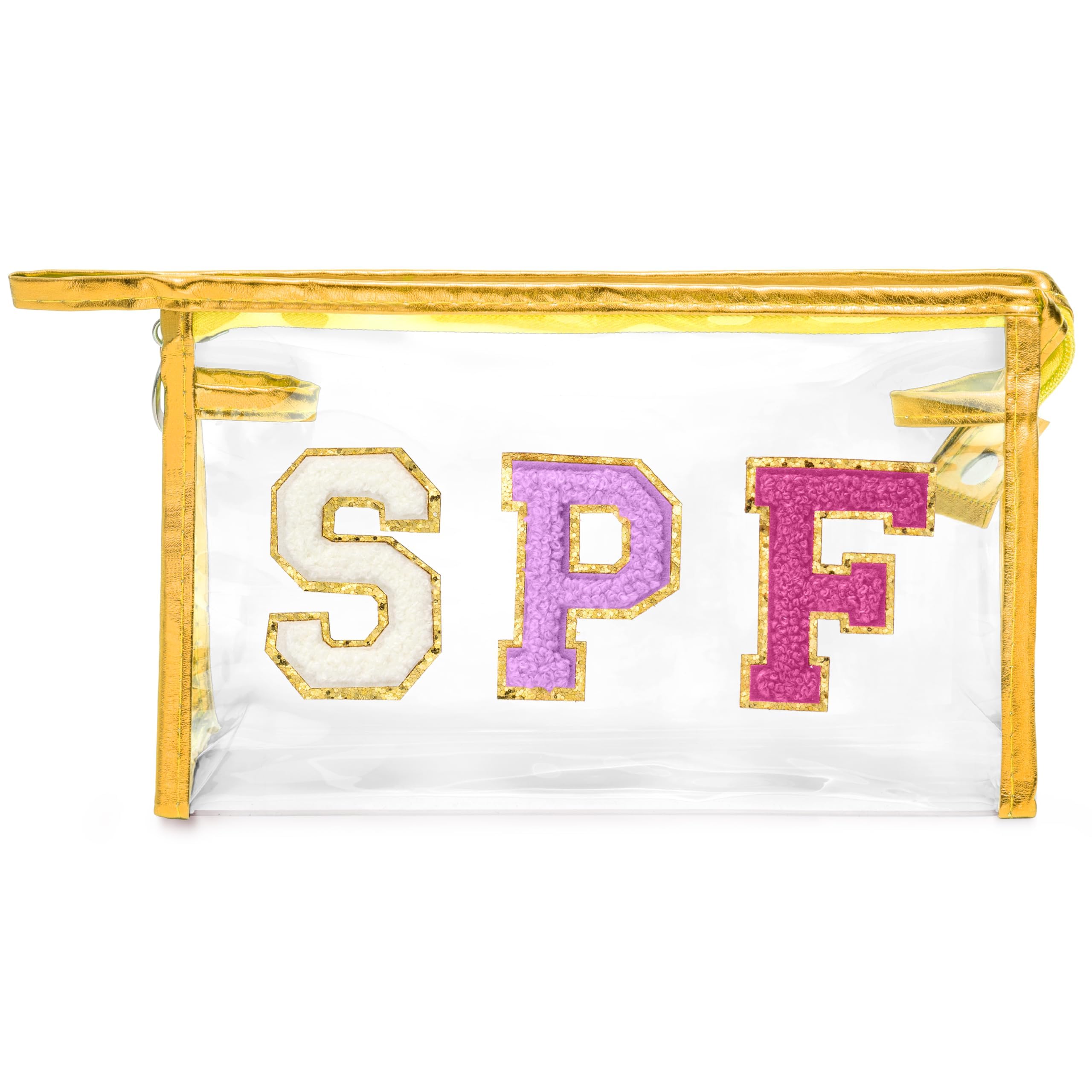 AsodSway Preppy Patch Cosmetic Bag - Summer Golden SPF Varsity Letter Clear Toiletry Bag Aesthetic Waterproof Portable Makeup Bag Transparent PVC