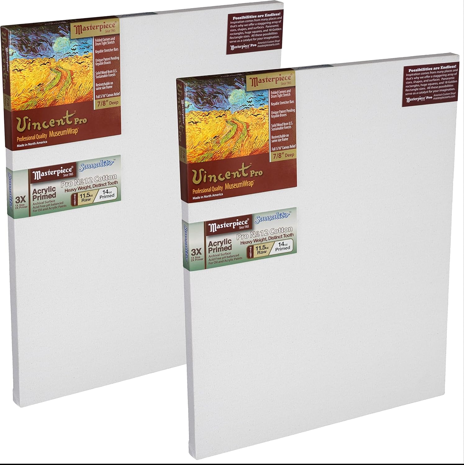 masterpiece z2vs-1321 vincent pro 7/8" deep sausalito heavy weight and texture 14 oz cotton stretched canvas 13" x 21" white 2 pack