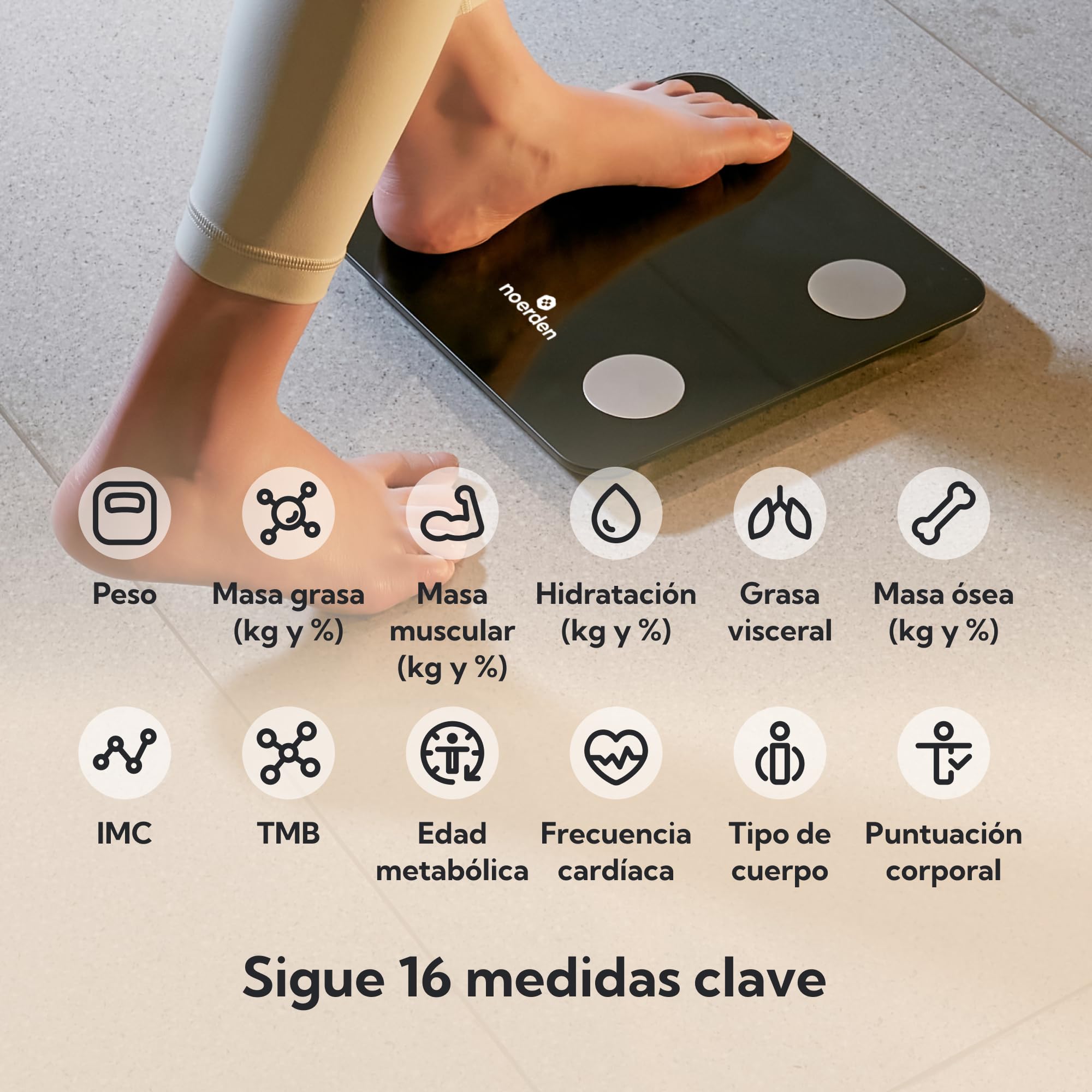 NOERDEN MINIMI+ Báscula de Baño Inteligente | Análisis Corporal por Bioimpedancia | Compatible con App | Negro