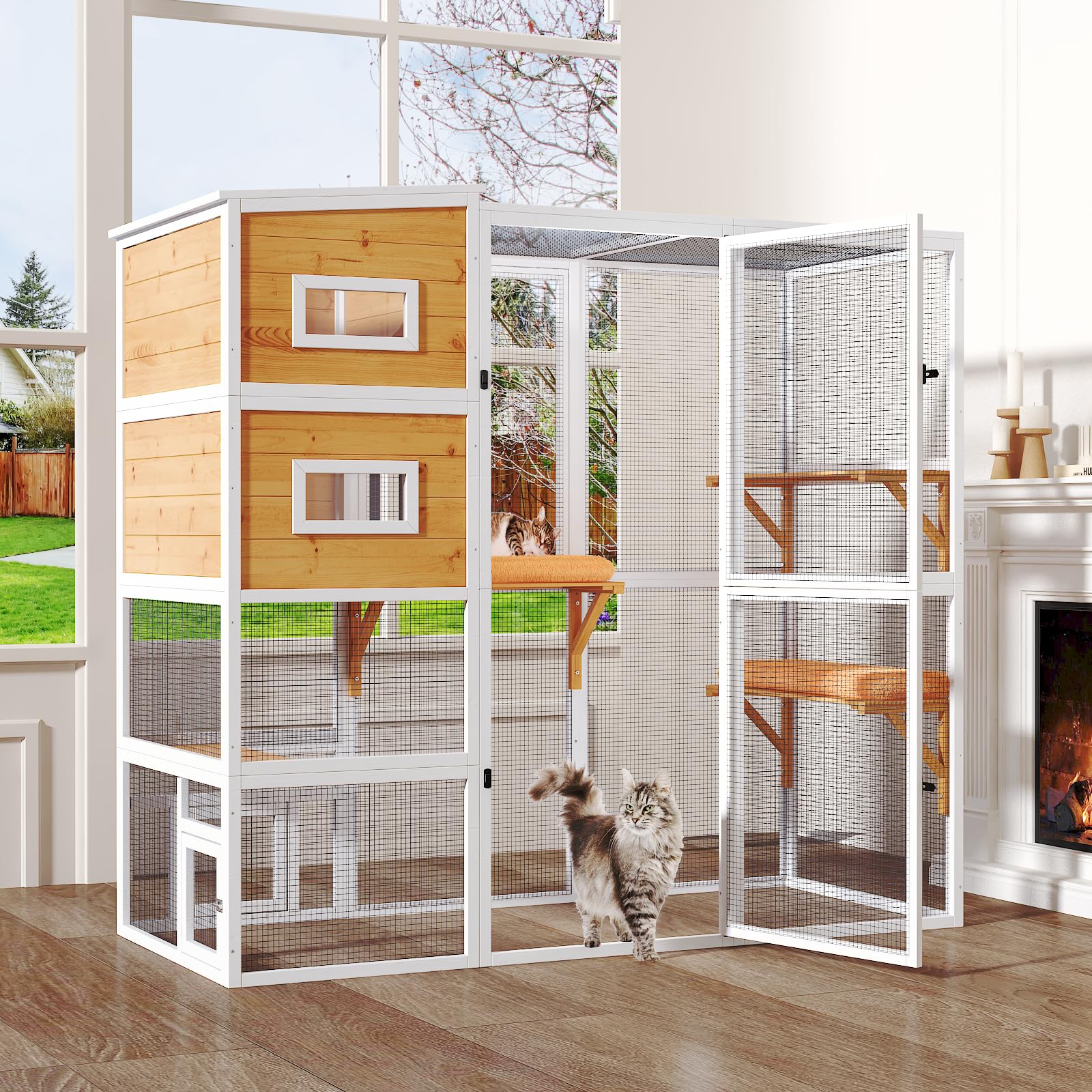 Large Indoor Cat Catio, 4 Tier Outdoor Cat Enclosures House for Cats with Waterroof Roof, 3 Resting Rooms, 3 Platforms, Cats Catio Connect to Window with 2 Large Door, Feral Pet Shelter, White