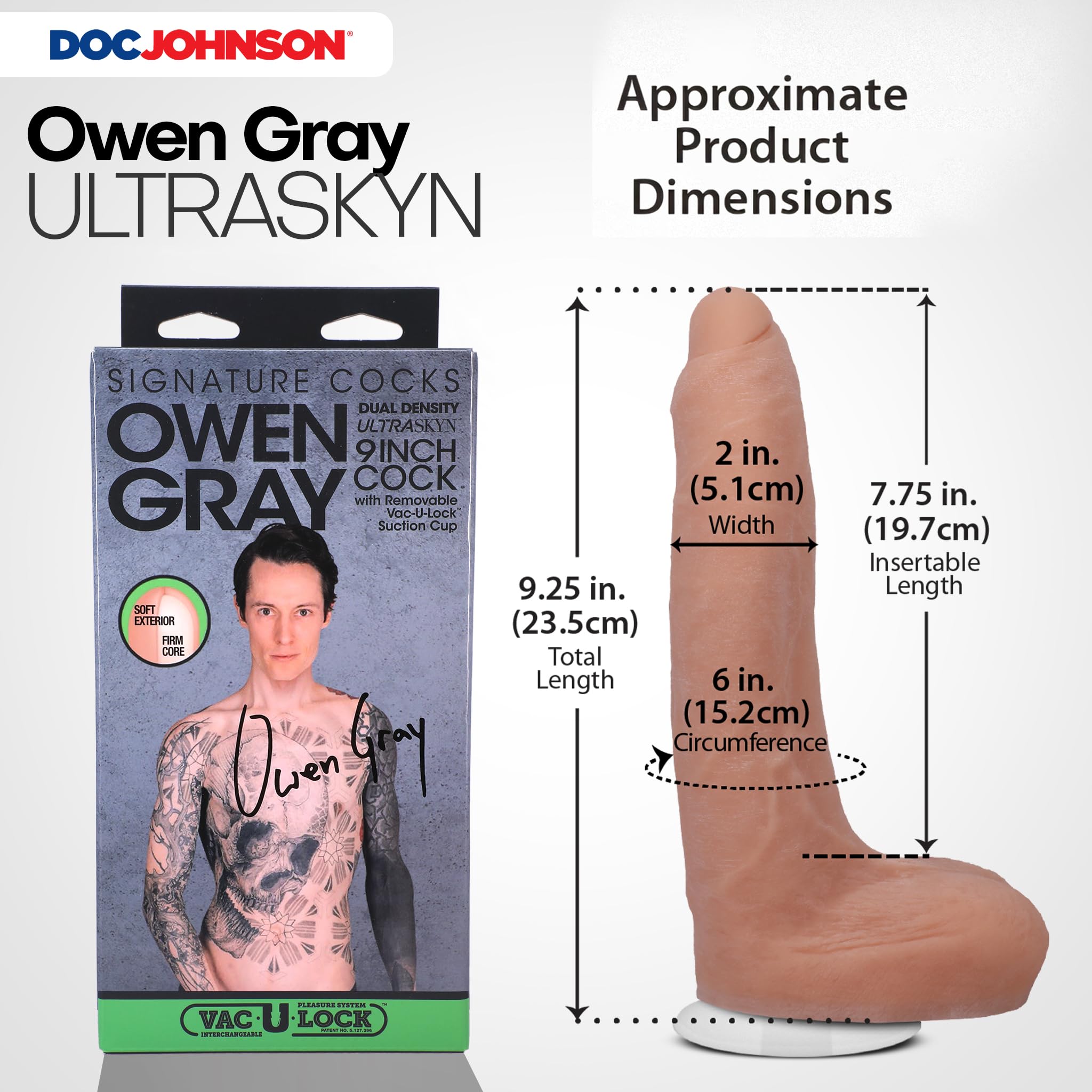 Doc Johnson Signature Series - Owen Gray - 9 Inch Realistic ULTRASKYN Dildo with Removeable Vac-U-Lock Suction Cup - F-Machine & Harness Compatible - for Adults Only, Vanilla