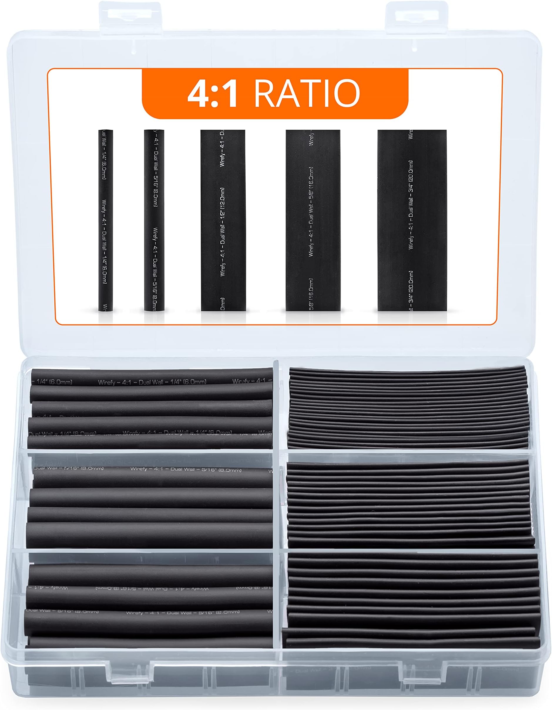 95 PCS Heat Shrink Tubing Kit - 4:1 Dual Wall Tube - Adhesive Lined - Marine Shrink Tubing - Black