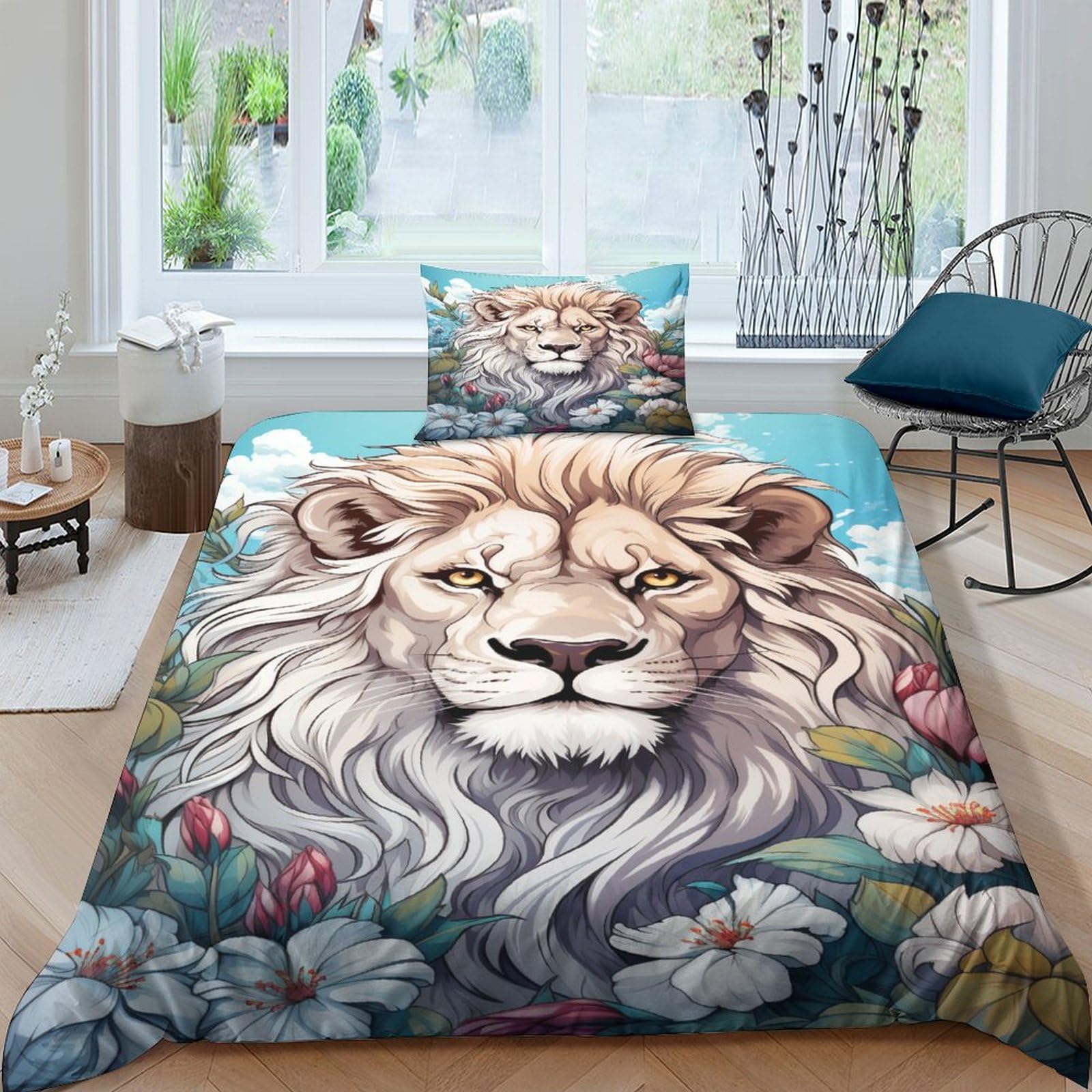 Housse de couette lion 135x200 avec fermeture éclair facile à enfiler sans effort
