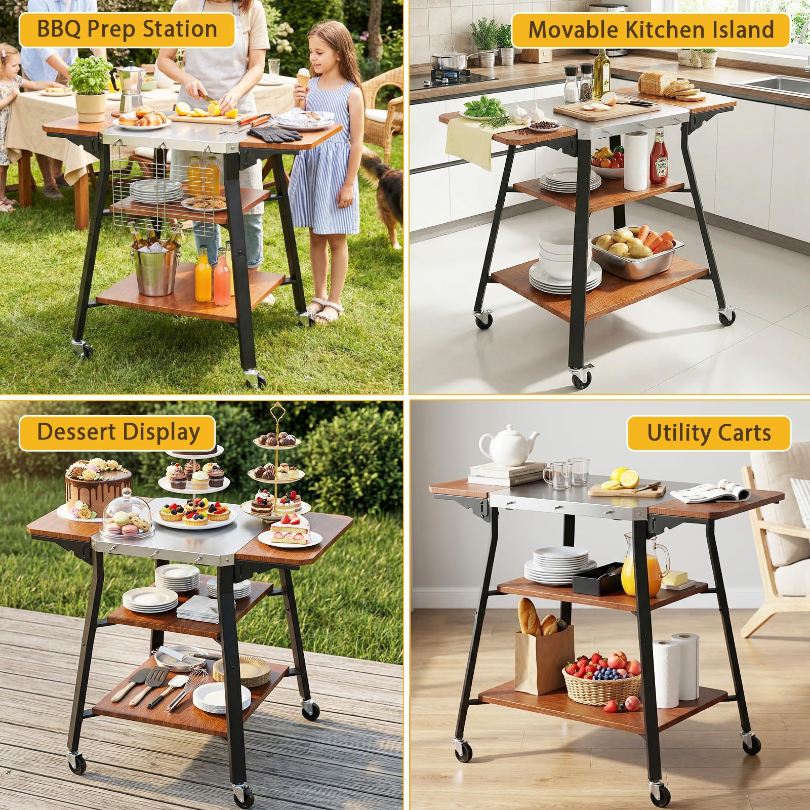 GFTIME Chariot de barbecue avec plan de travail en acier inoxydable, chariot de barbecue avec 2 étagères latérales pliables et 2 étagères de rangement, chariot de cuisine mobile avec roulettes pour