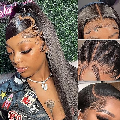 Miniatura 2 de Oxeely Pelucas de cabello largo y lacio, color azul, con encaje frontal, línea capilar natural, sin pegamento, resistente al calor, para mujeres