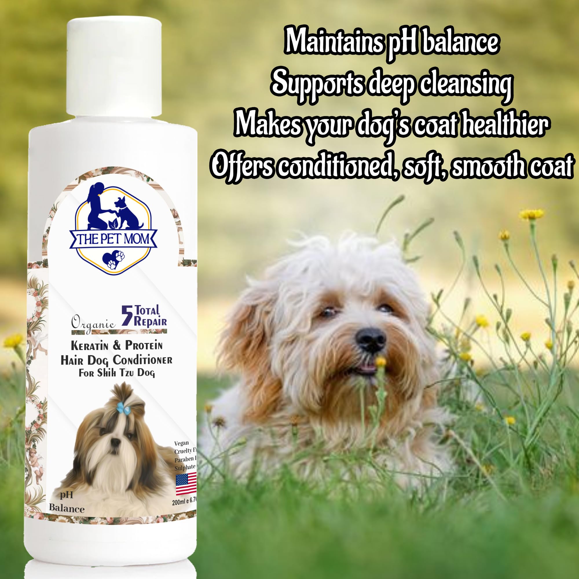 Pet Mom Organic Keratin & Protein Conditioner for Shih Tzu | Deep Conditioning, Controls Dryness, Hair Fall & Split Ends | Soft, Silky & Shine Dog Hair - All Breeds β 200ml 1