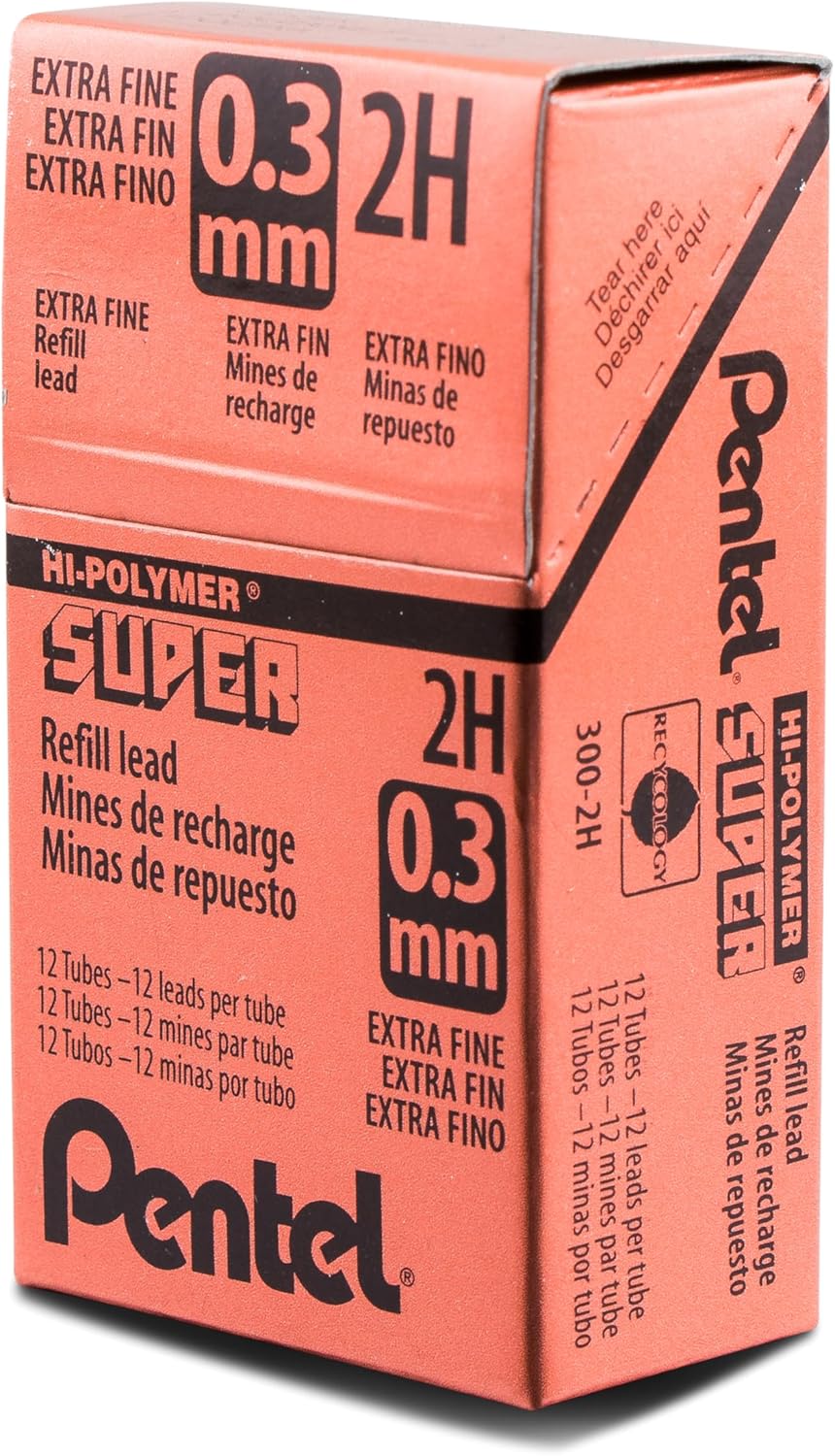 Pentel Super Hi-Polymer Lead Refill (0.3mm) Extra Fine, 2H, 12 pcs/Tube, Box of 12 (300-2H)