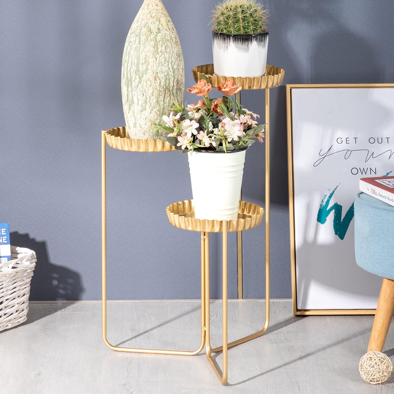 3 Tier Gold Metal Plant Stand with Three Trays, Foldable Plant Holder for Living Room, Indoor Beer Bottle Cap shaped Trays