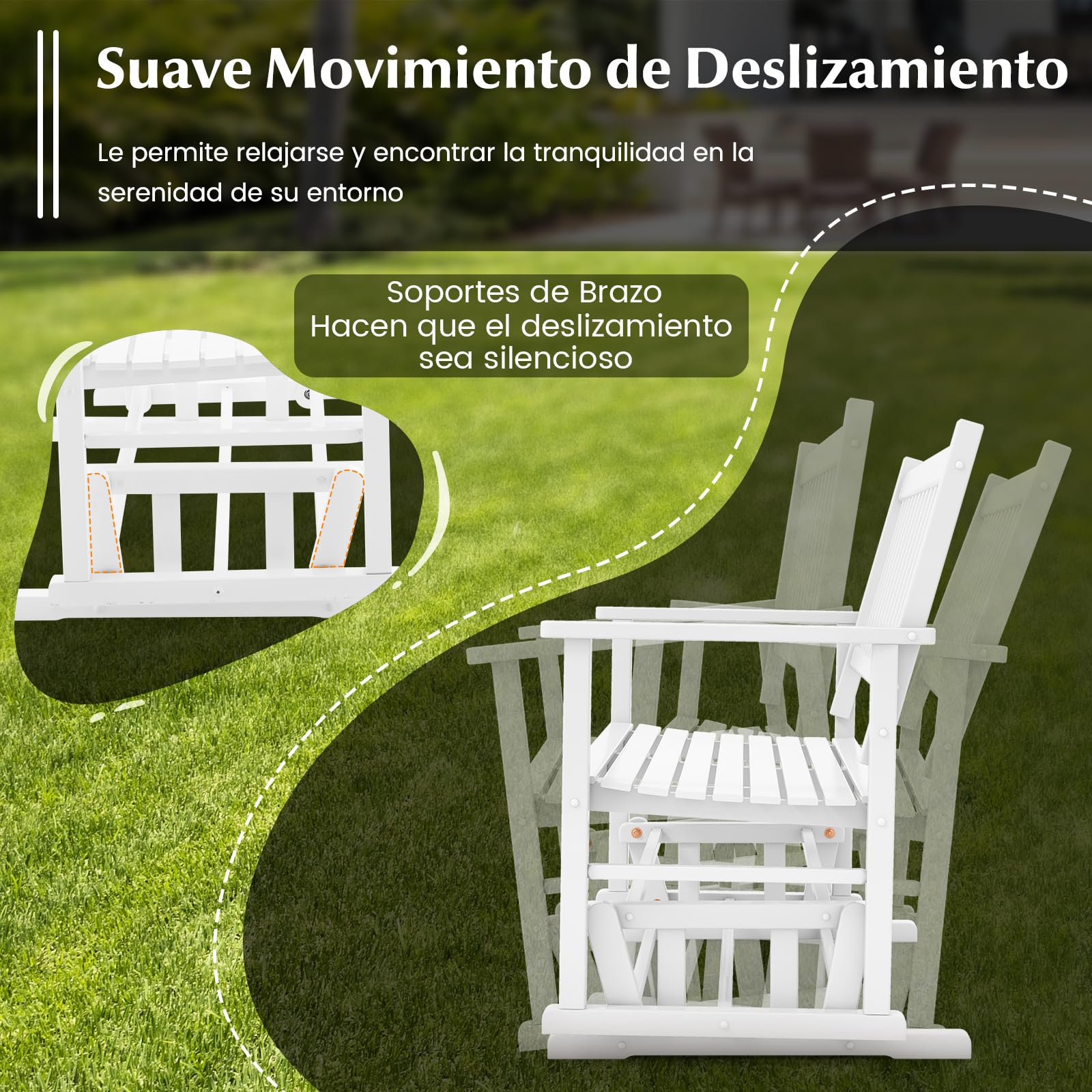 COSTWAY Banco Balancin Jardin Exterior 2 Plazas, Mecedora con Asiento de Listones y Respaldo Curvado, Deslizamiento Suave y Seguro, Blanco, 126 x 68 x 100 cm
