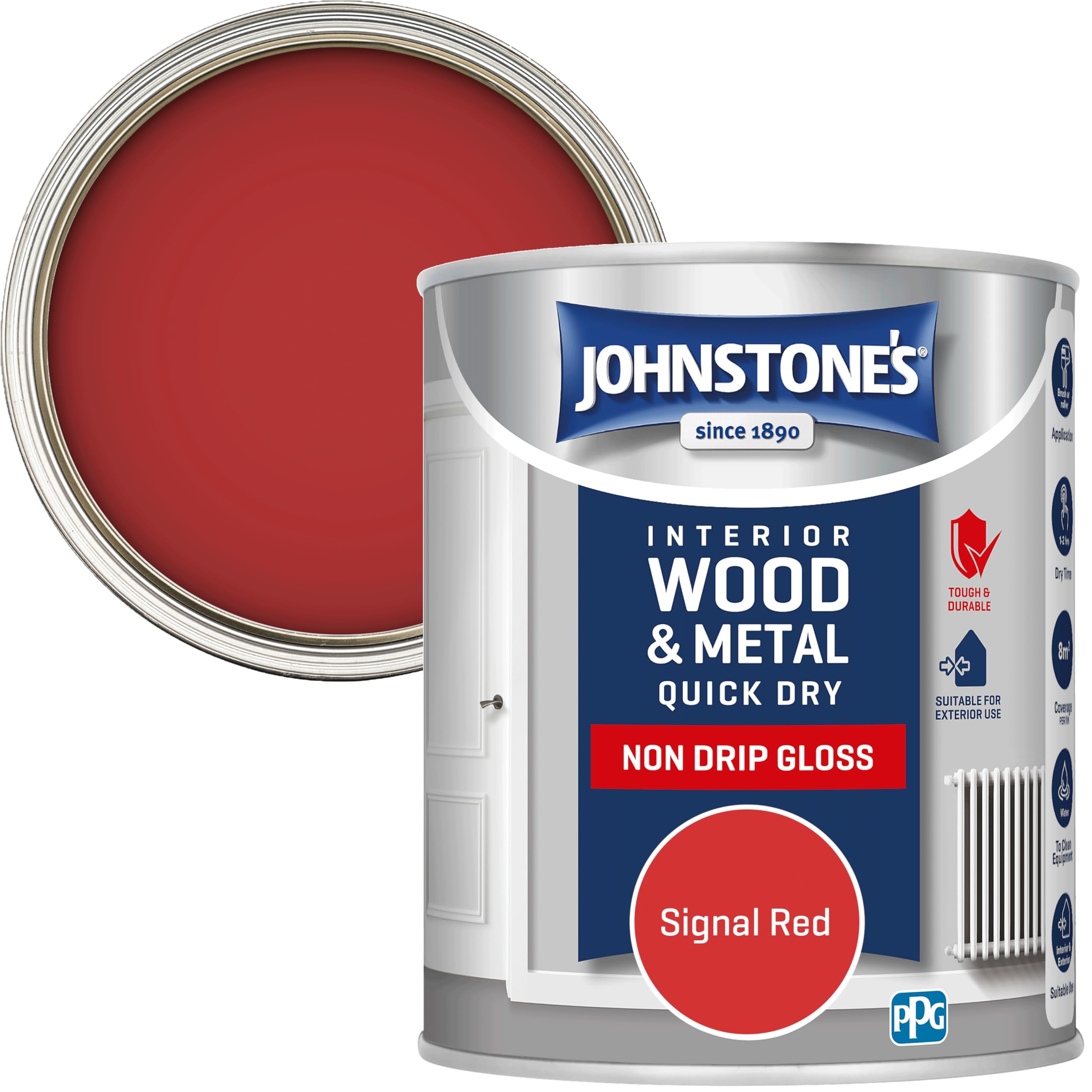 Johnstone's - Wood & Metal Paint - Gloss Finish - Signal Red - 750ml - Water Based - Non Drip & Quick Drying - Radiator Paint - Low Odour - Dry in 1-2 Hours - 8m2 Coverage per Litre