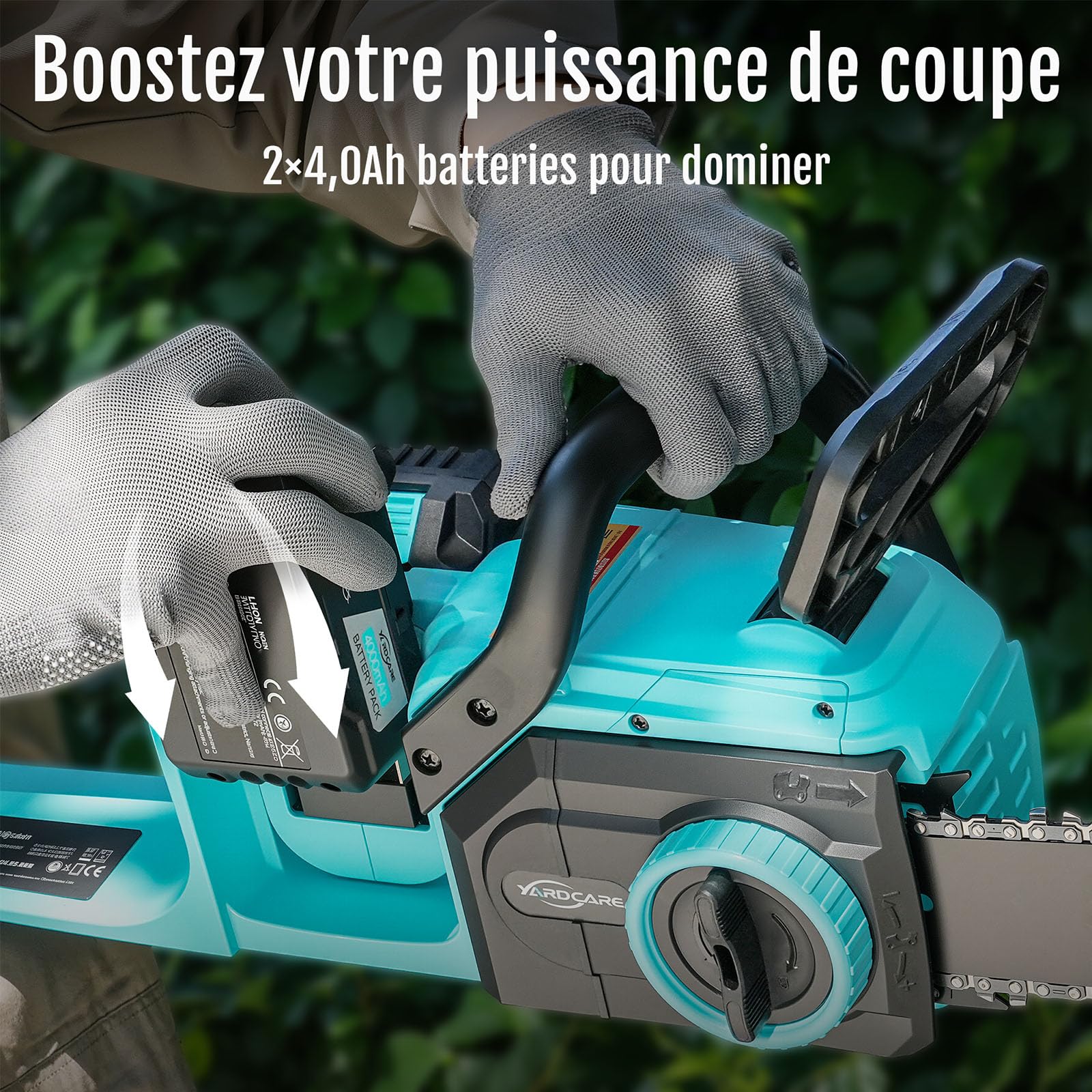 YARDCARE Tronçonneuse sans fil 16 pouces, moteur brushless 1600 W, vitesse de chaîne 21 m/s, avec écran LED et 2 batteries de 4 Ah, tension de chaîne sans outil et lubrification automatique