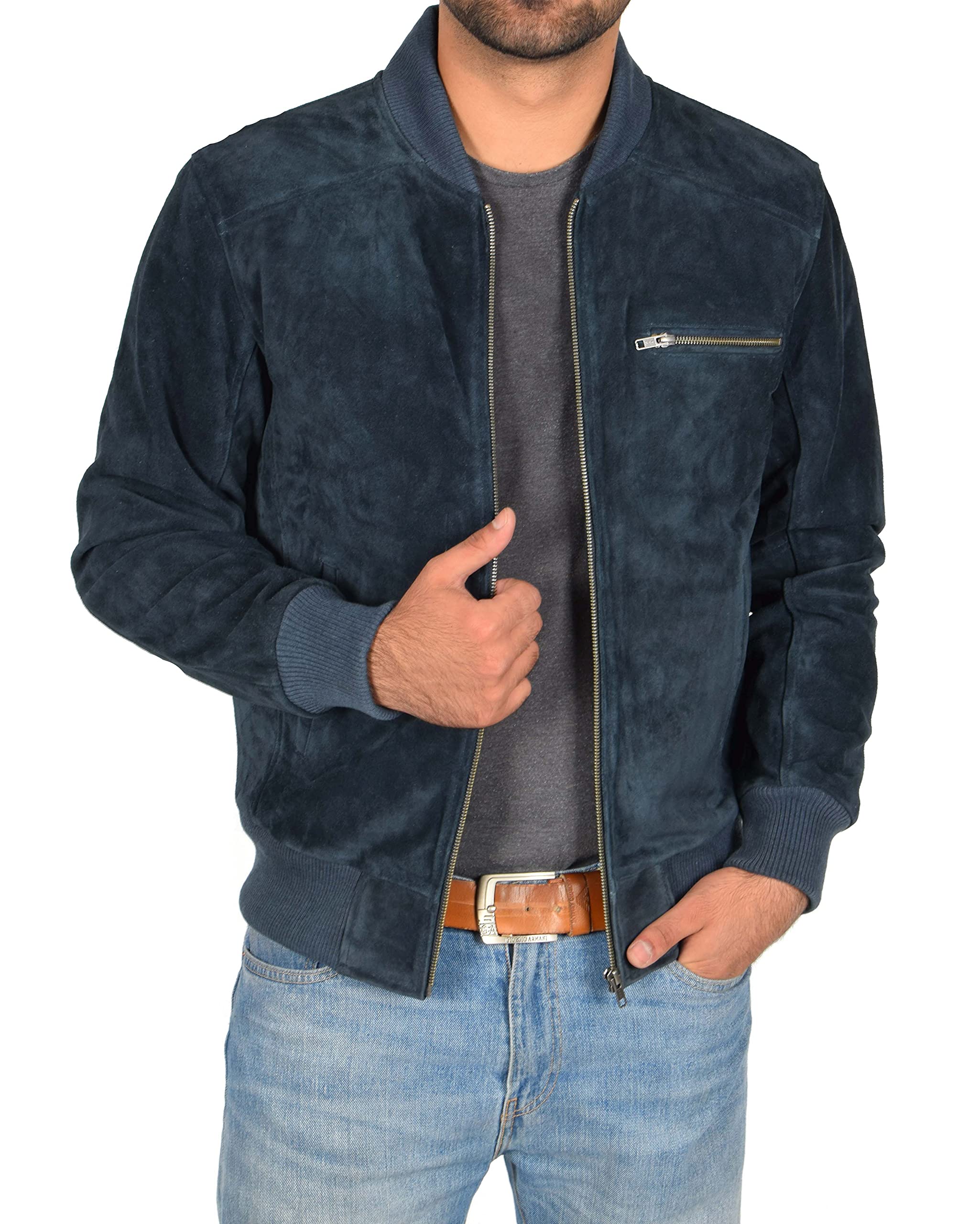 A1 FASHION GOODSMens Real Suede Bomber Jacket Fitted Classic Colours Black Brown Navy Tan Wade