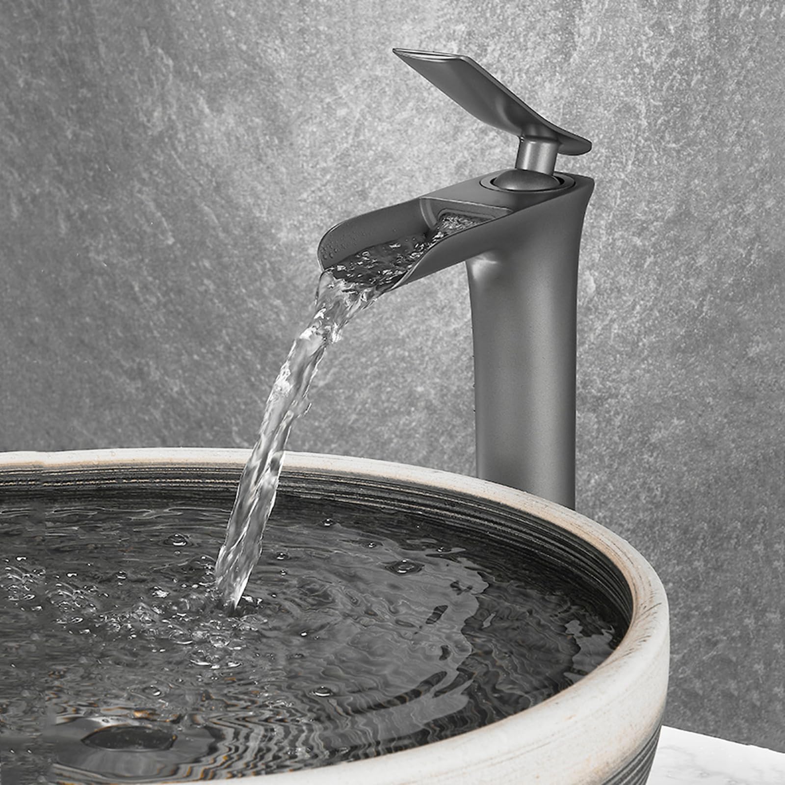 Grifo Lavabo Cascada, Abierto Frio Y Caliente Grifos para Lavabos de Baño Altos, Grifo Monomando De Latón,gris,alto