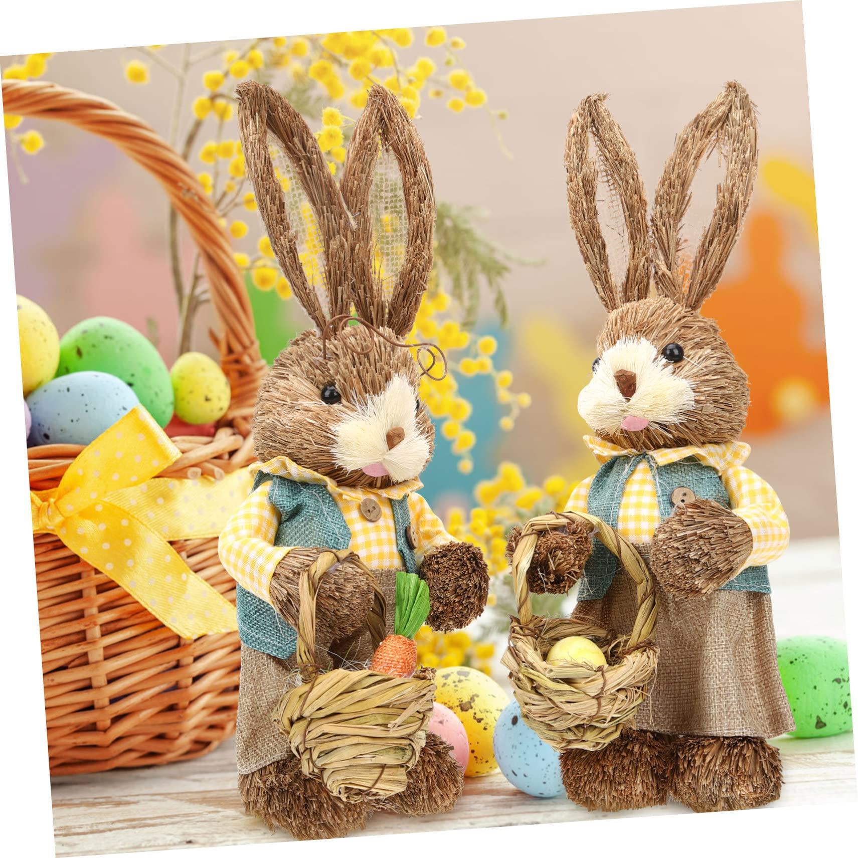Lot de 2 figurines de lapin en paille tissées à la main pour décoration de Pâques, décoration de fête de jardin, décoration de fête et