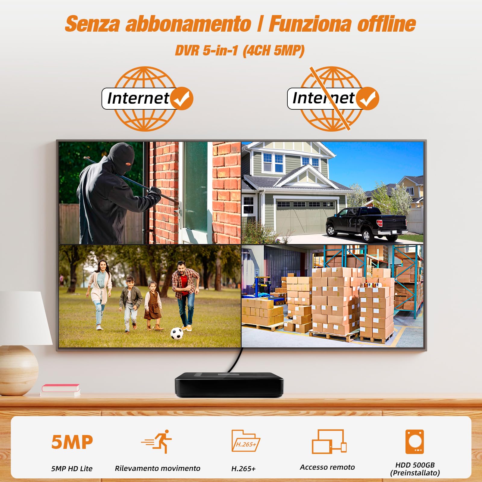 DVR di Sorveglianza 4 Canali CCTV con Hard Disk da 500 GB, Registratore Video 4CH 5MP H.265+ per Telecamere Analogiche/XVI/AHD/TVI/IP, DVR per Sistemi di Sicurezza Domestici, App Mobile e PC